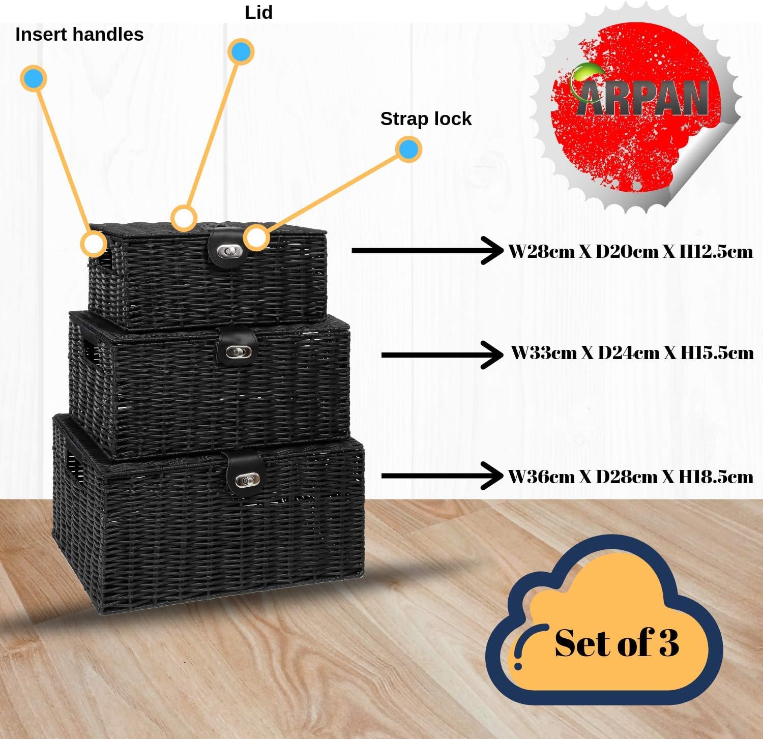 Boho Black Storage Basket — Set of 3 - View 5