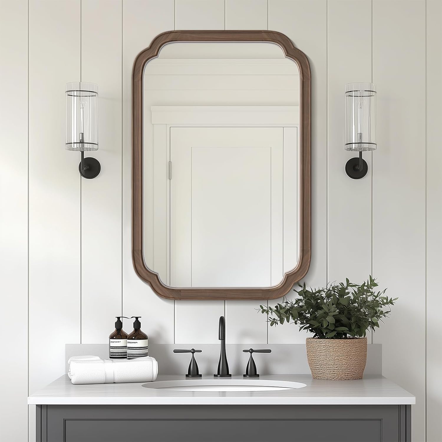 Farmhouse Beige Wall Mirror — 36" — Walnut