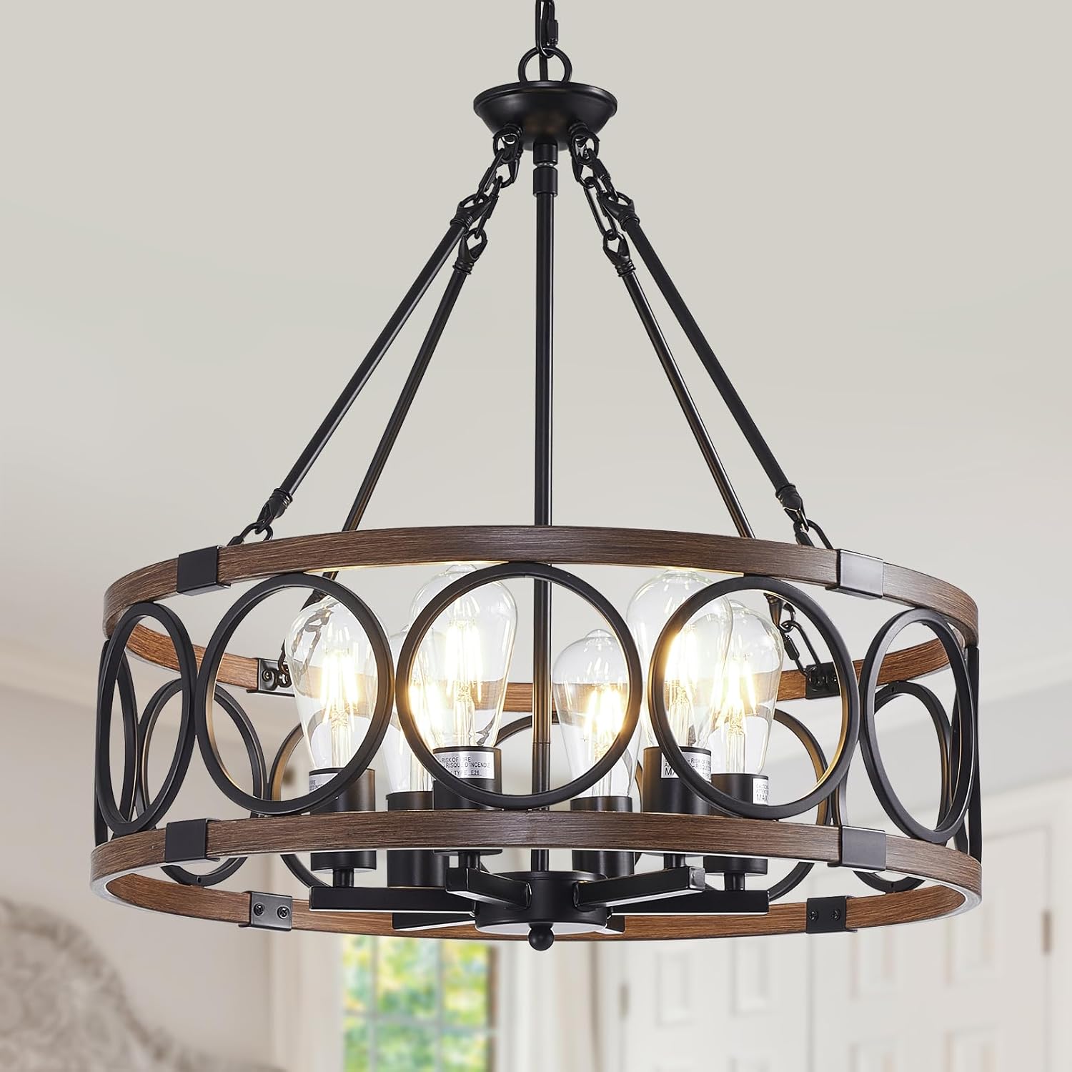 Farmhouse Black Chandelier — 6-Light — Walnut Wood Grain-21"(Easy to Install)