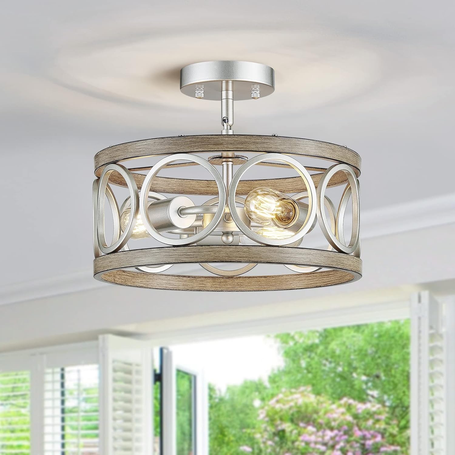 Adjustable Farmhouse Black Chandelier — 3-Light — 3 Light-Nickel Wood Grain Finish
