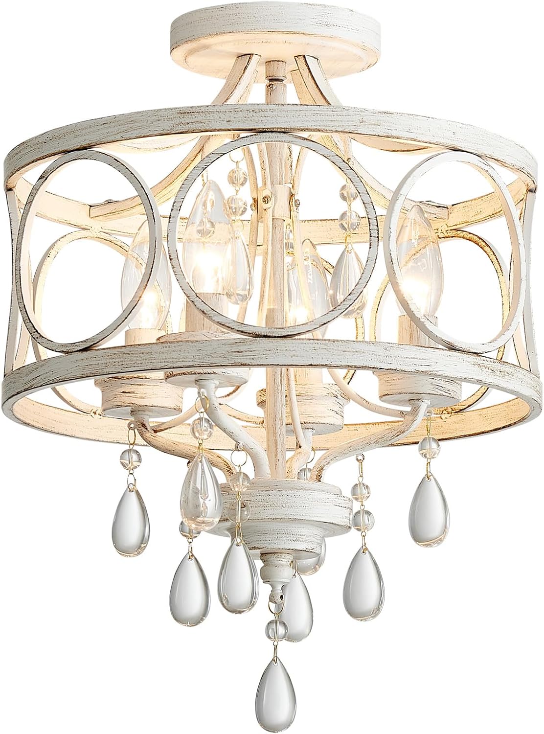 Round Farmhouse Gold Chandelier — 3-Light — Ceiling Light, White, 4 Light