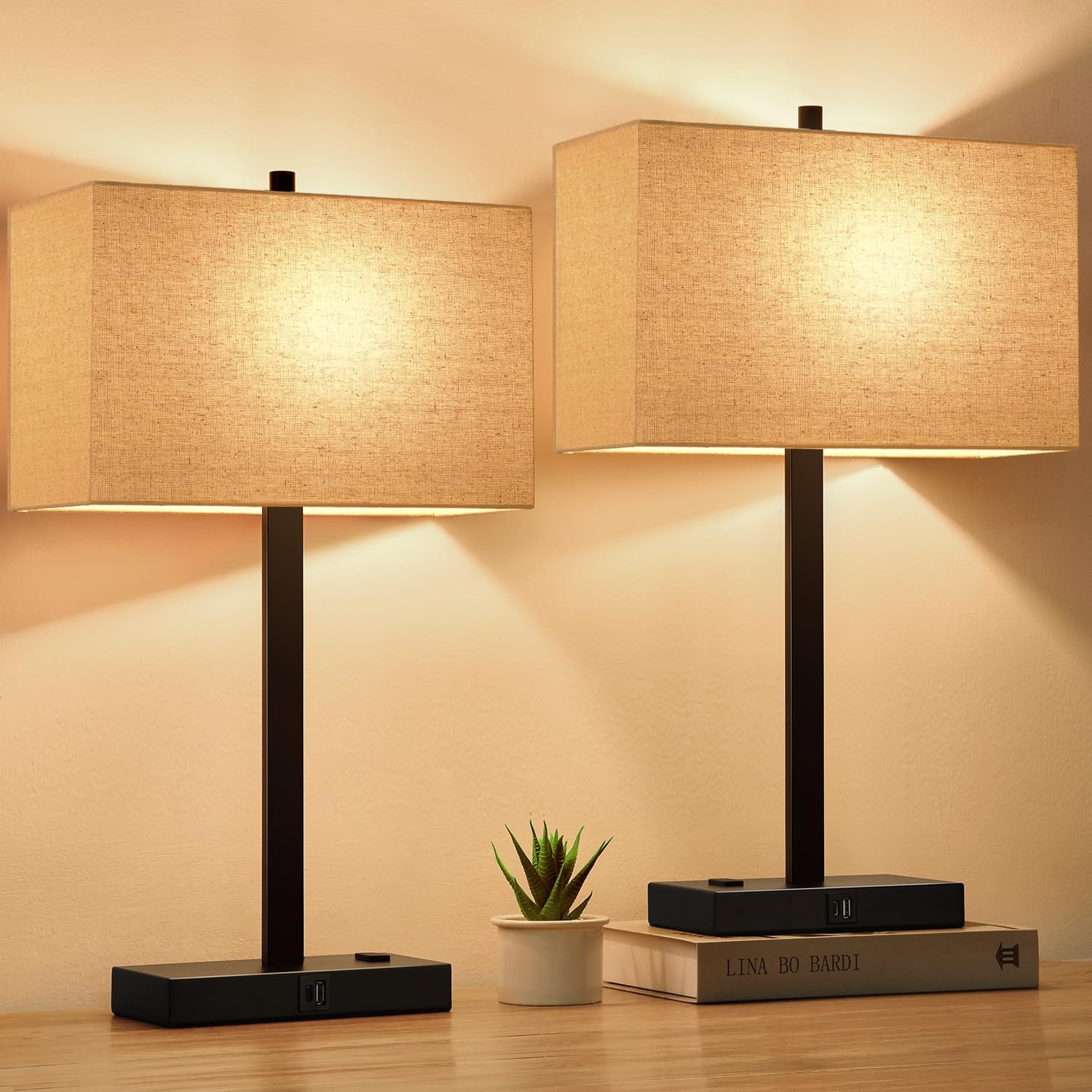 Dimmable Beige LED Bulb — 21" — (2 Pack)-Beige Linen & Matte Black(Base)-2700K Bulbs Included