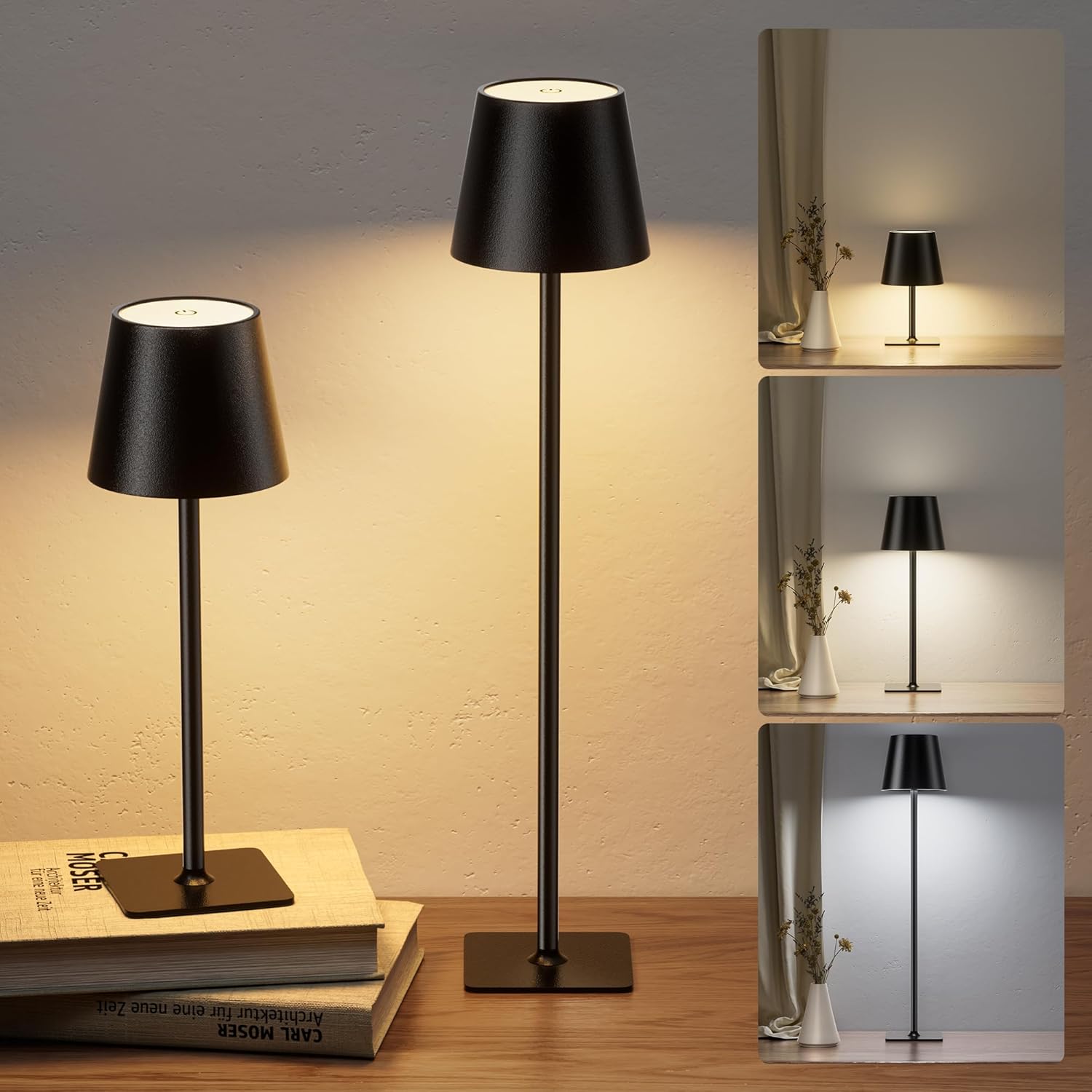 Cordless Black Table Lamp — 2 Pack-Square Base