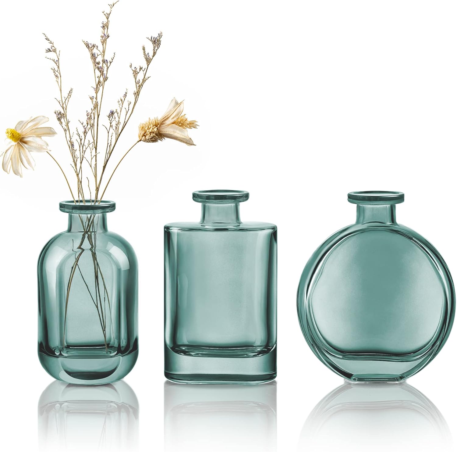 Farmhouse Green Decorative Vase — Set of 3 — Green Glass Bud Vase Set of 3