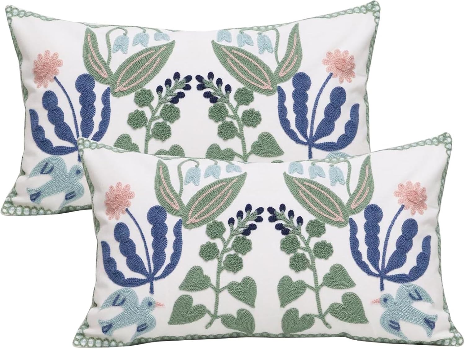Embroidered Boho Blue Throw Pillow Cover — 18" — Bird Flower-waist