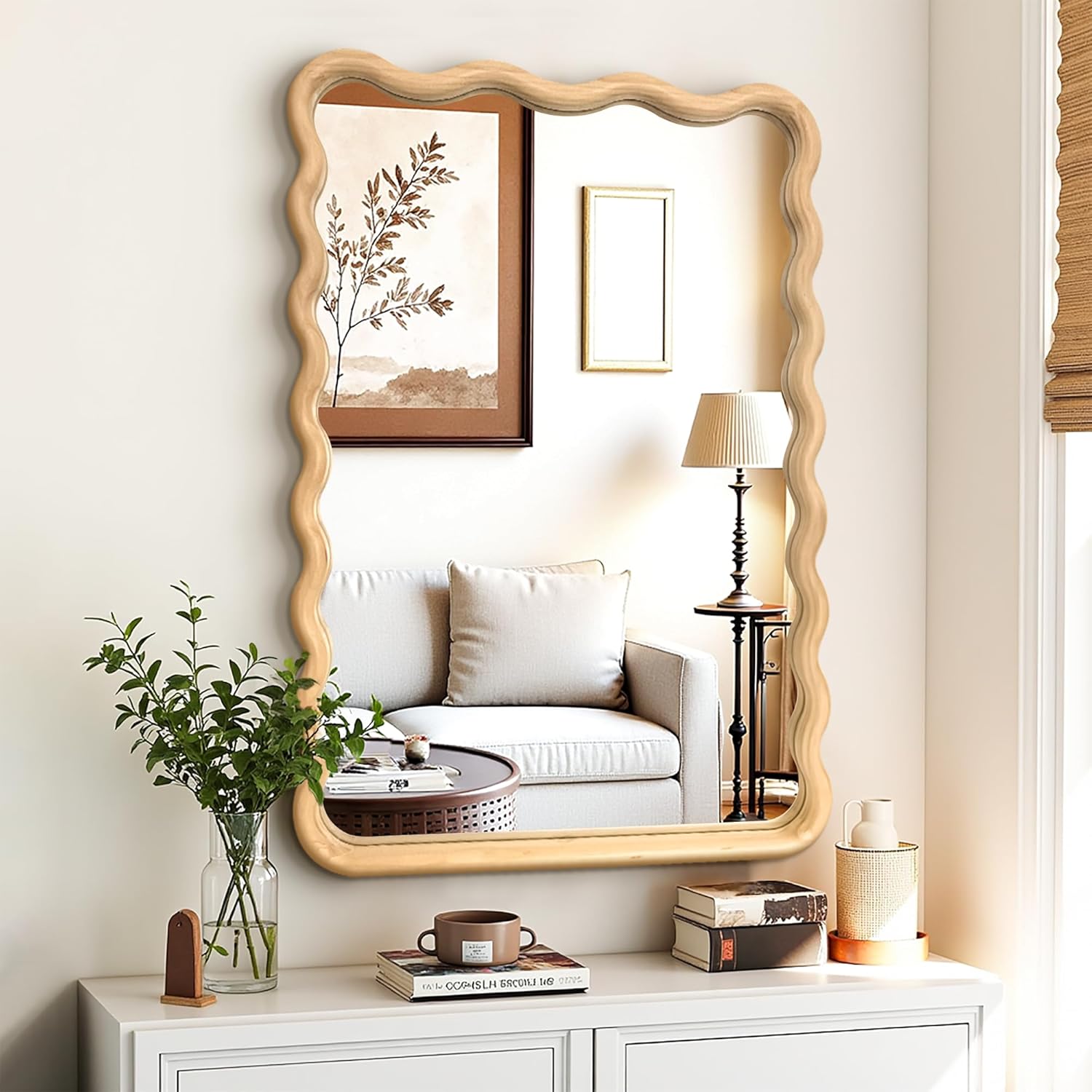 Round Boho Beige Vanity Mirror — 28" — Natural a