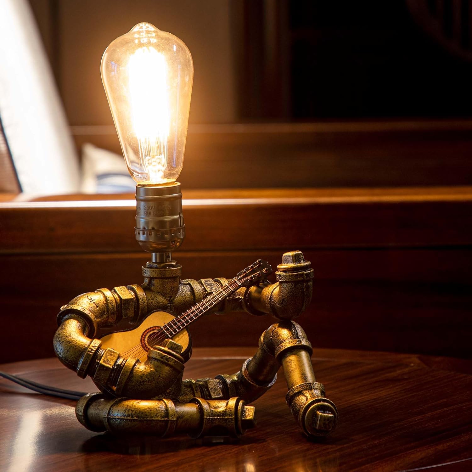 Vintage Black Table Lamp — Bronze/With guitar