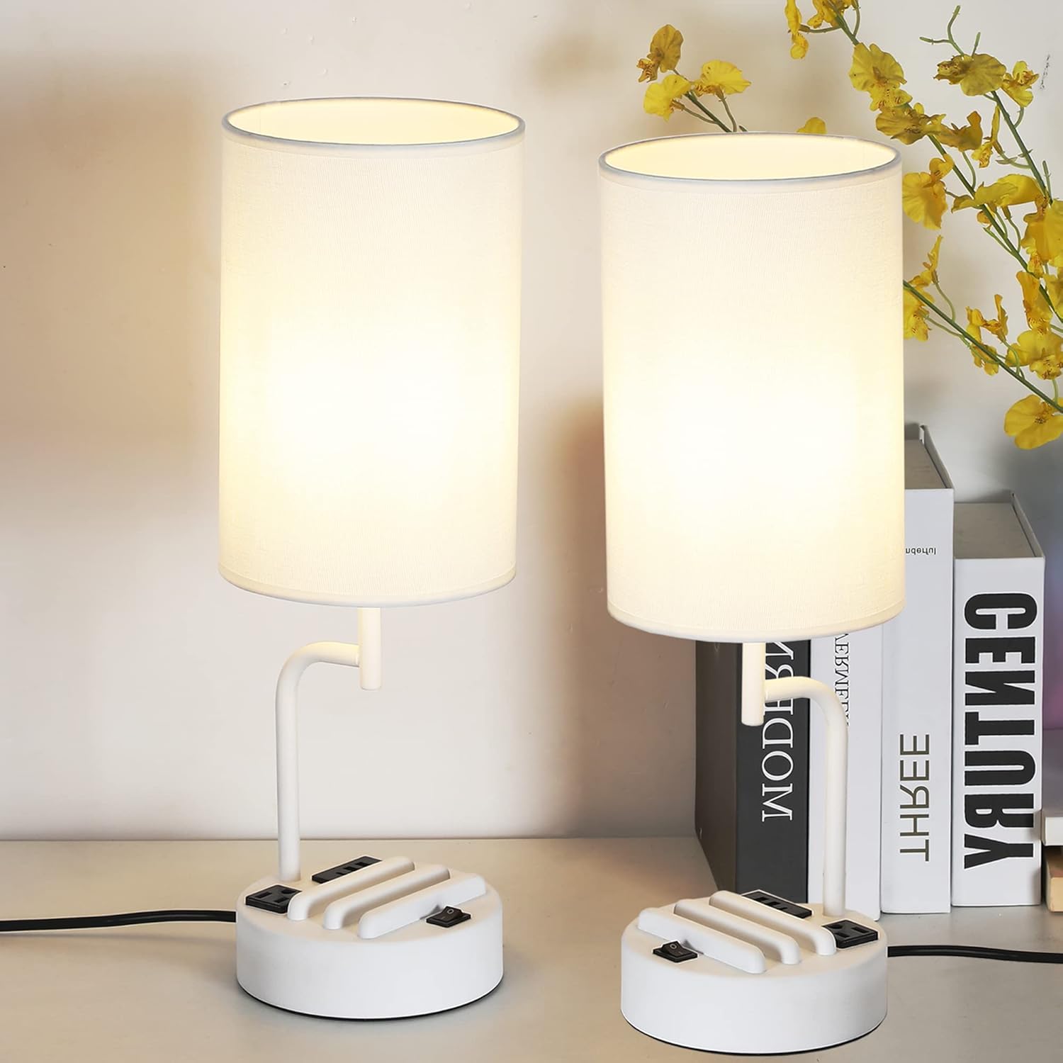 USB Charging Modern Beige Bedside Lamp — Set of 2 — White