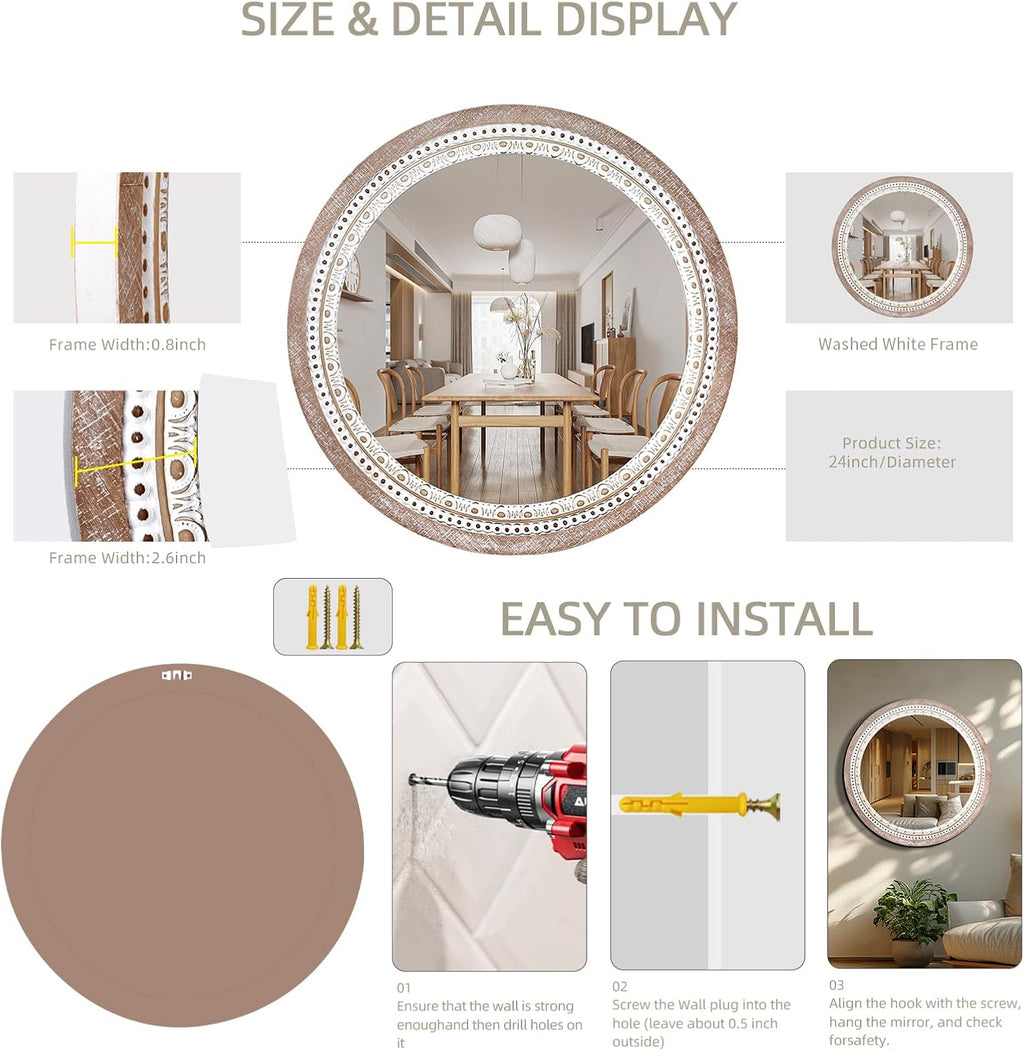 Boho Wood Round Mirror — 24" - View 7