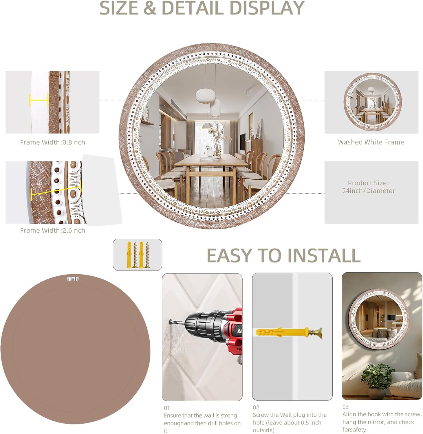 Boho Wood Round Mirror — 24" - View 7