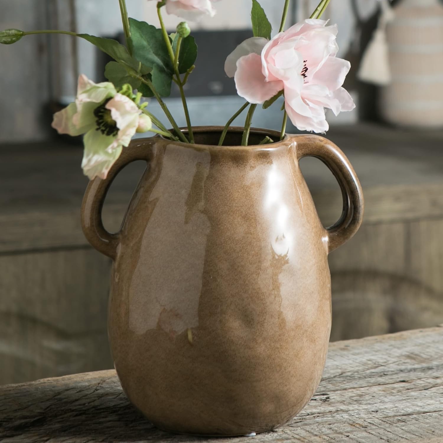 Farmhouse Black Flower Vase — 7" — Double Handle - Brown