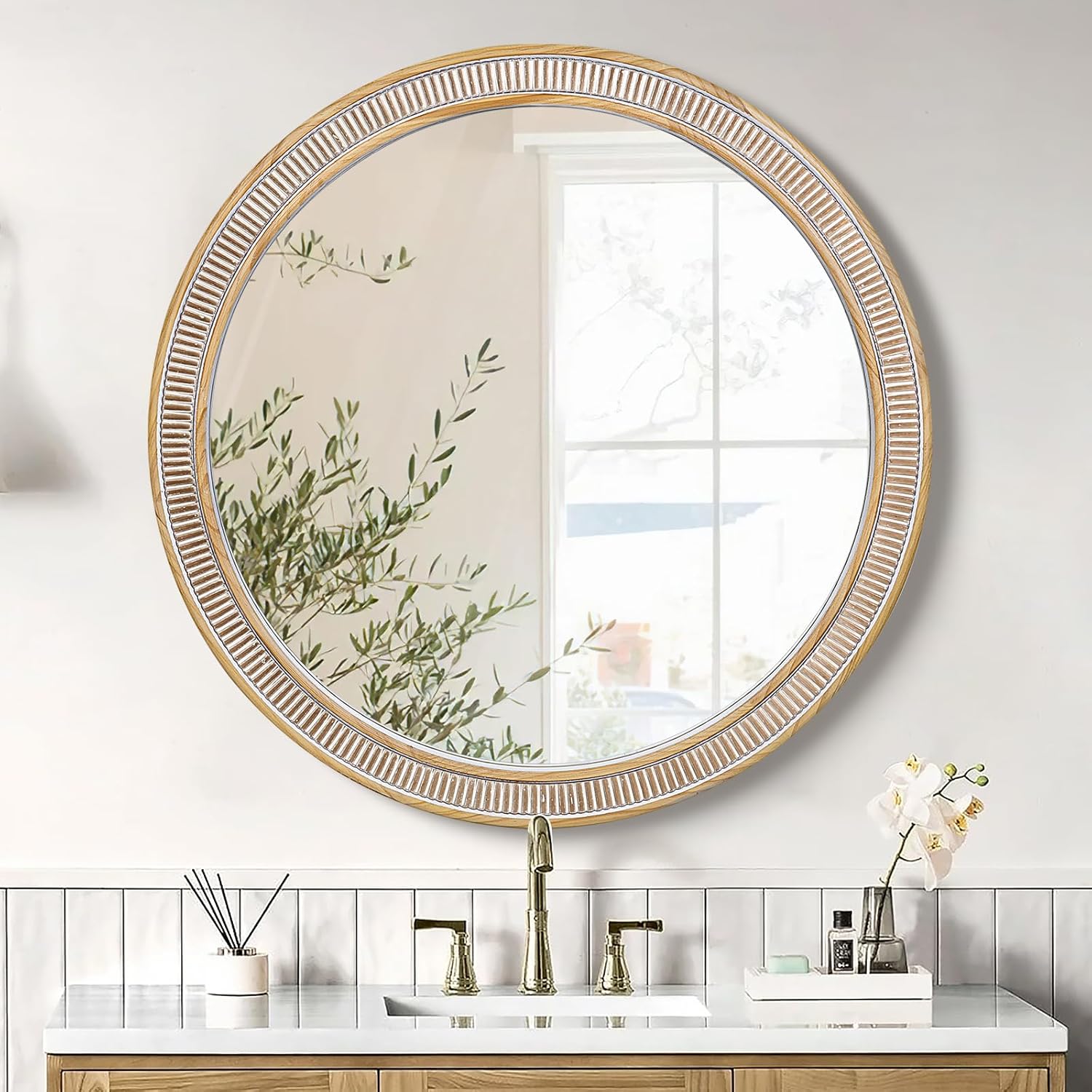 Round Farmhouse Wood Mirror — 36" — B - 30 in