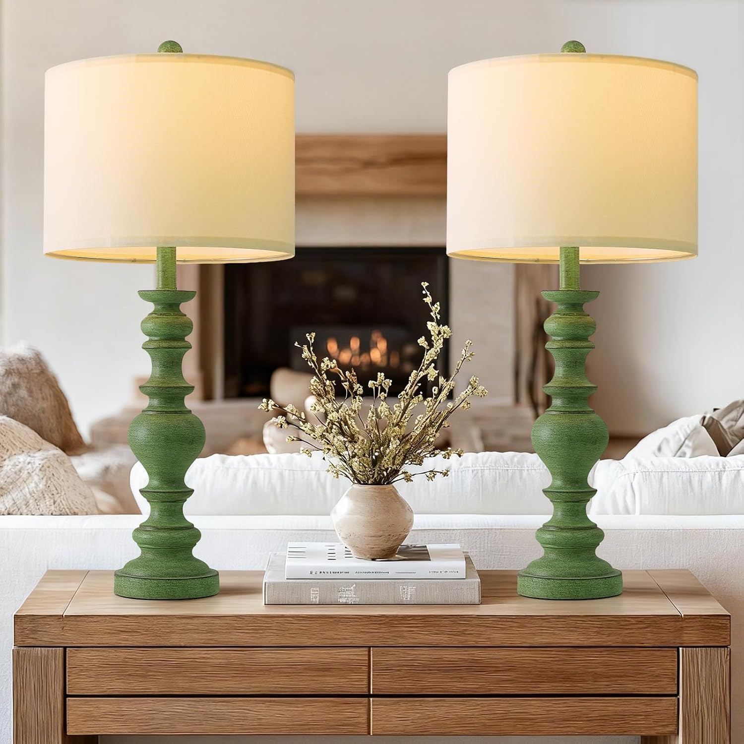 Linen Farmhouse Black Desk Lamp — 20.5" — Sage Green