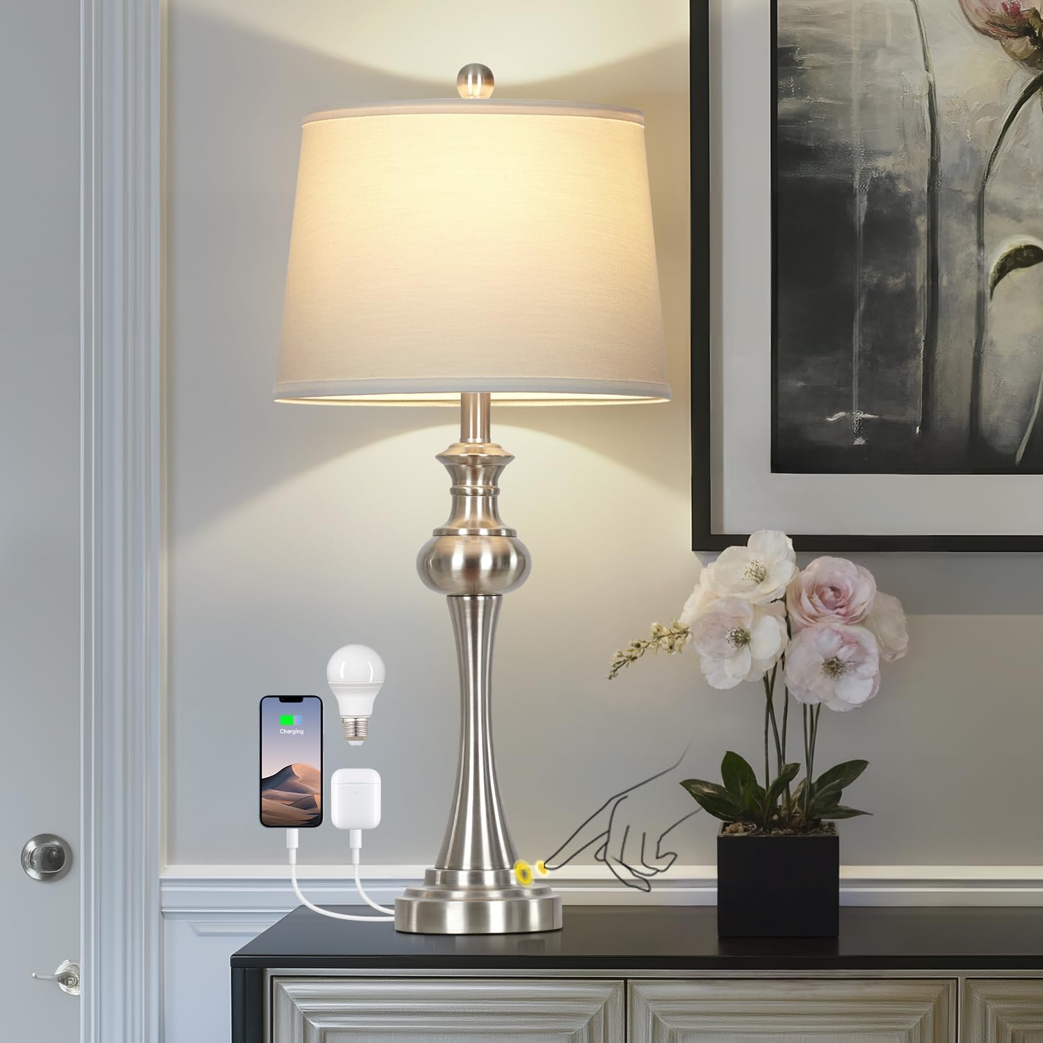 Dimmable Modern Black Bedside Lamp — 28.75" — 1Pack-Silver