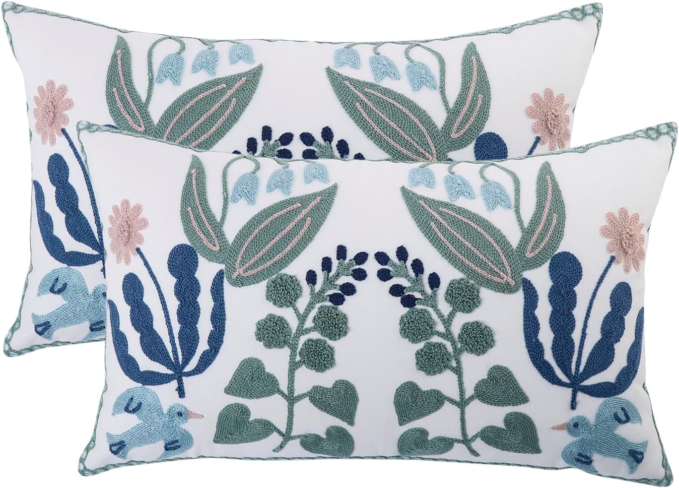 Embroidered Boho Green Throw Pillow Cover — 20" — Green Leaves With Swallows
