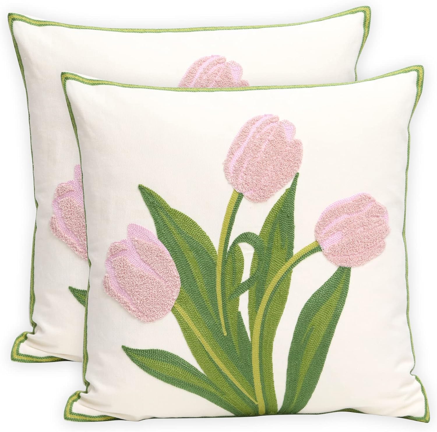 Embroidered Boho Blue Throw Pillow Cover — 18" — Pink Tulip