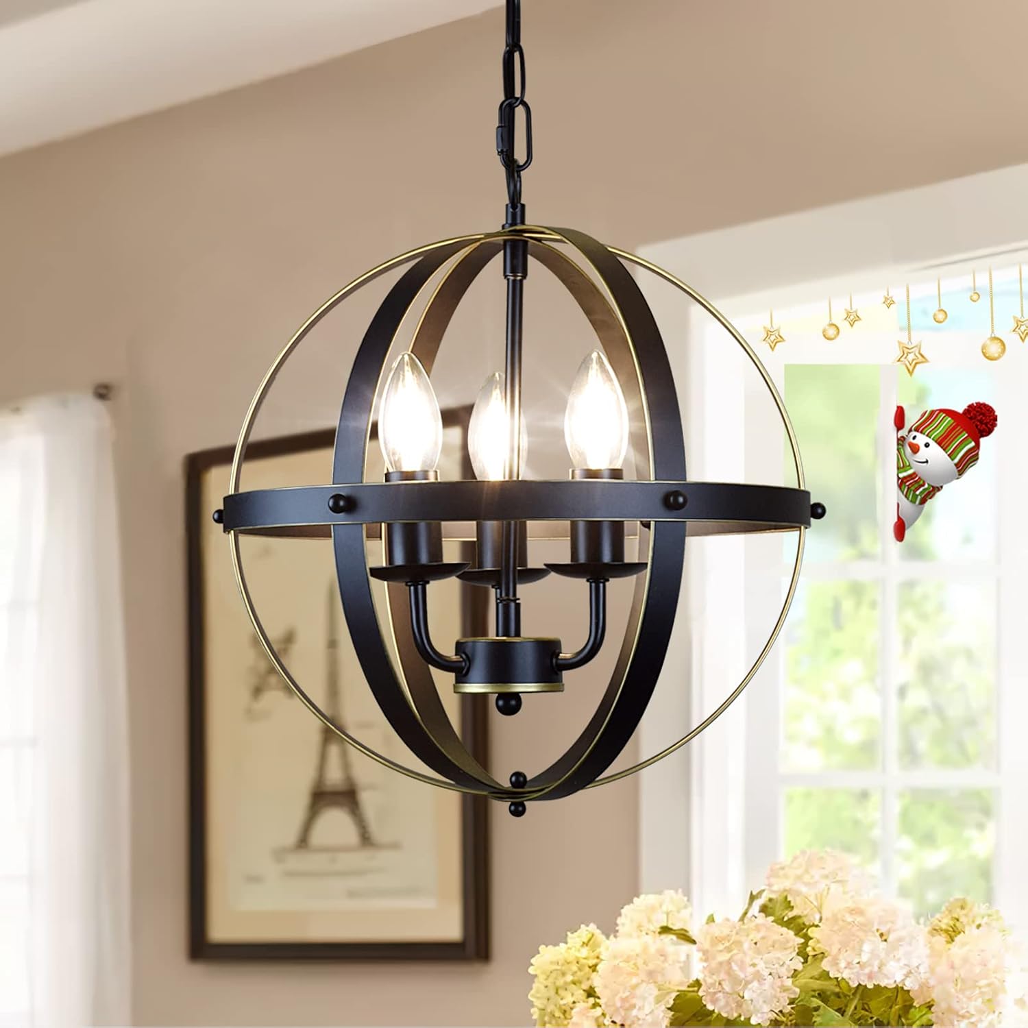 Vintage Black Chandelier — 3-Light — Gold 3-Light