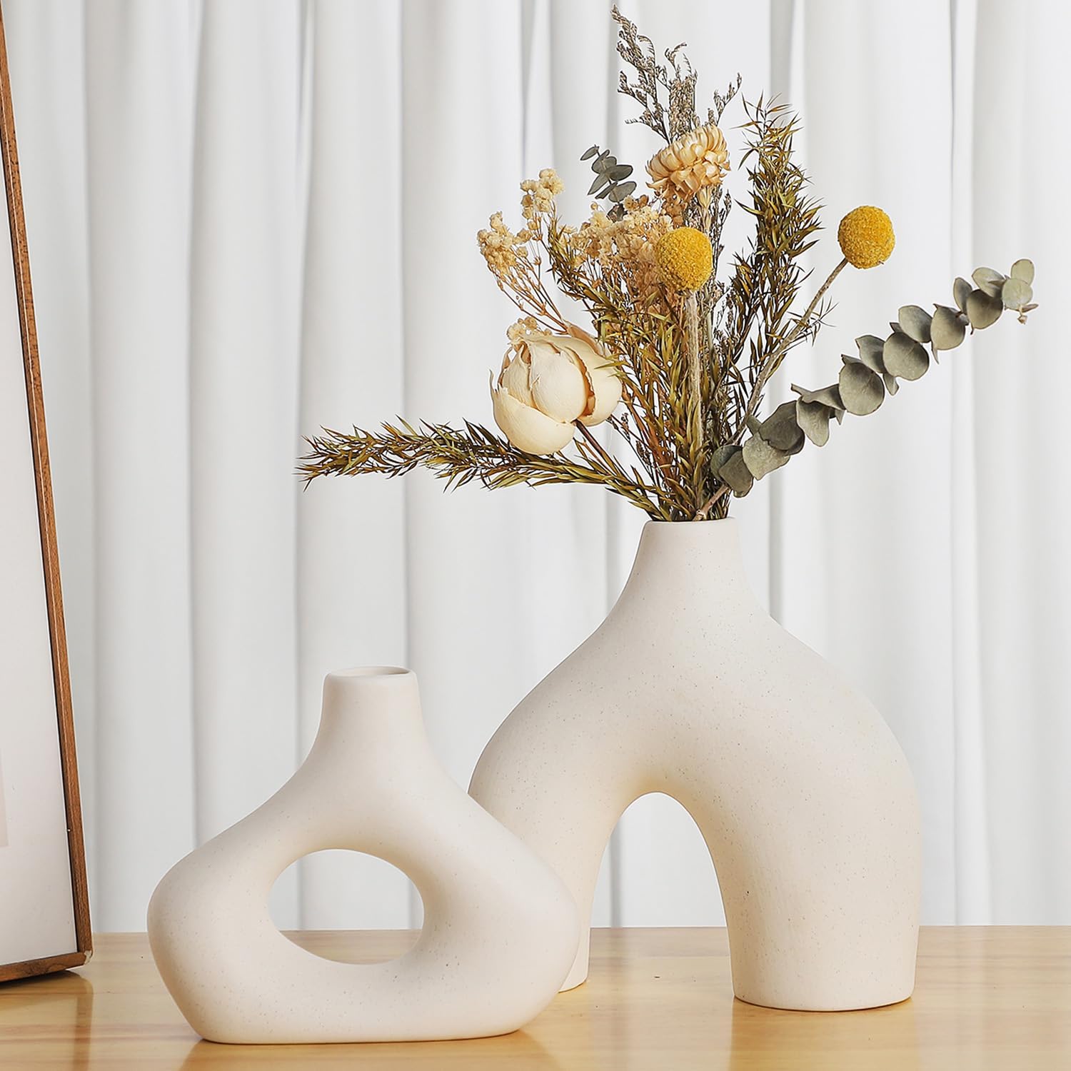 Round Boho Beige Vase Set — Set of 2 — White