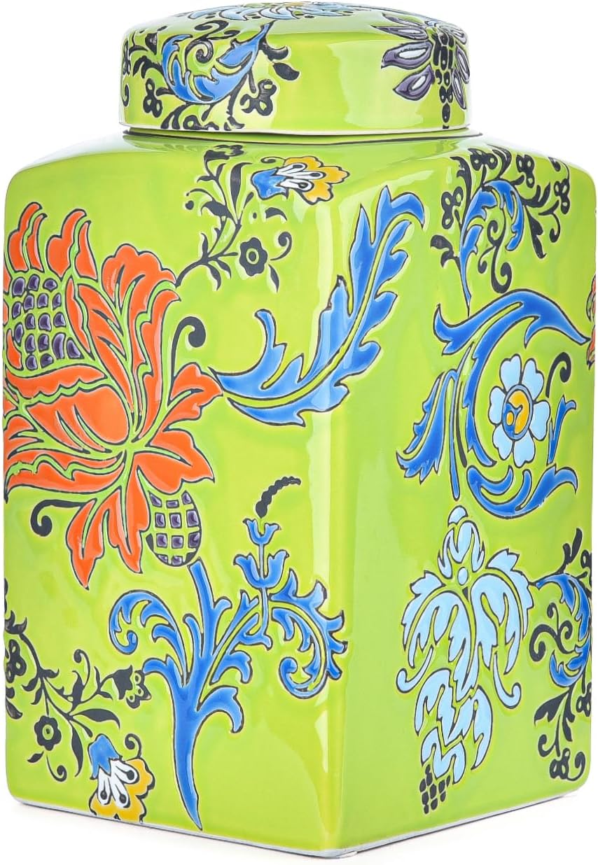 Hand-Carved Beige Decorative Vase — Square Jar - Green