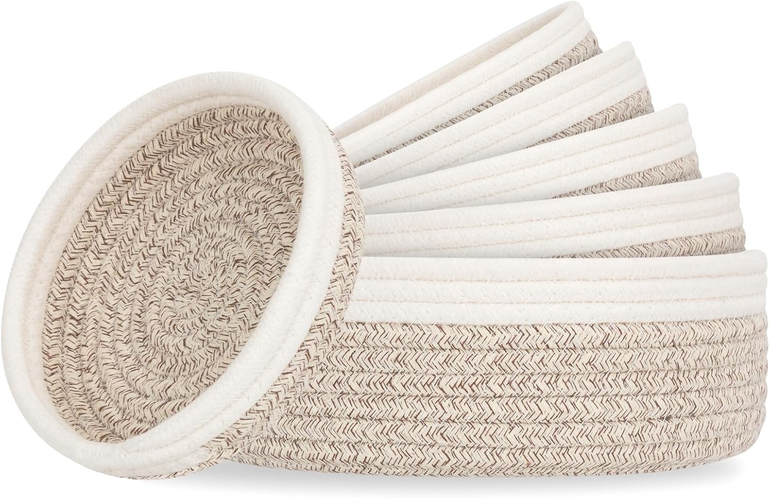 Round Boho Beige Woven Basket — Brown Beige
