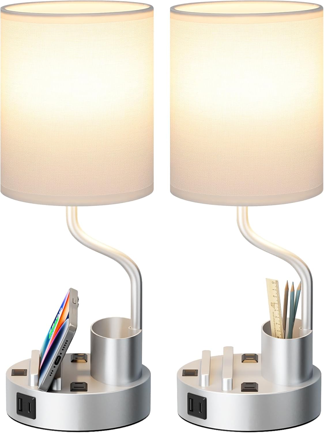 USB Beige Desk Lamp — Set of 2 — White & Silver Grey
