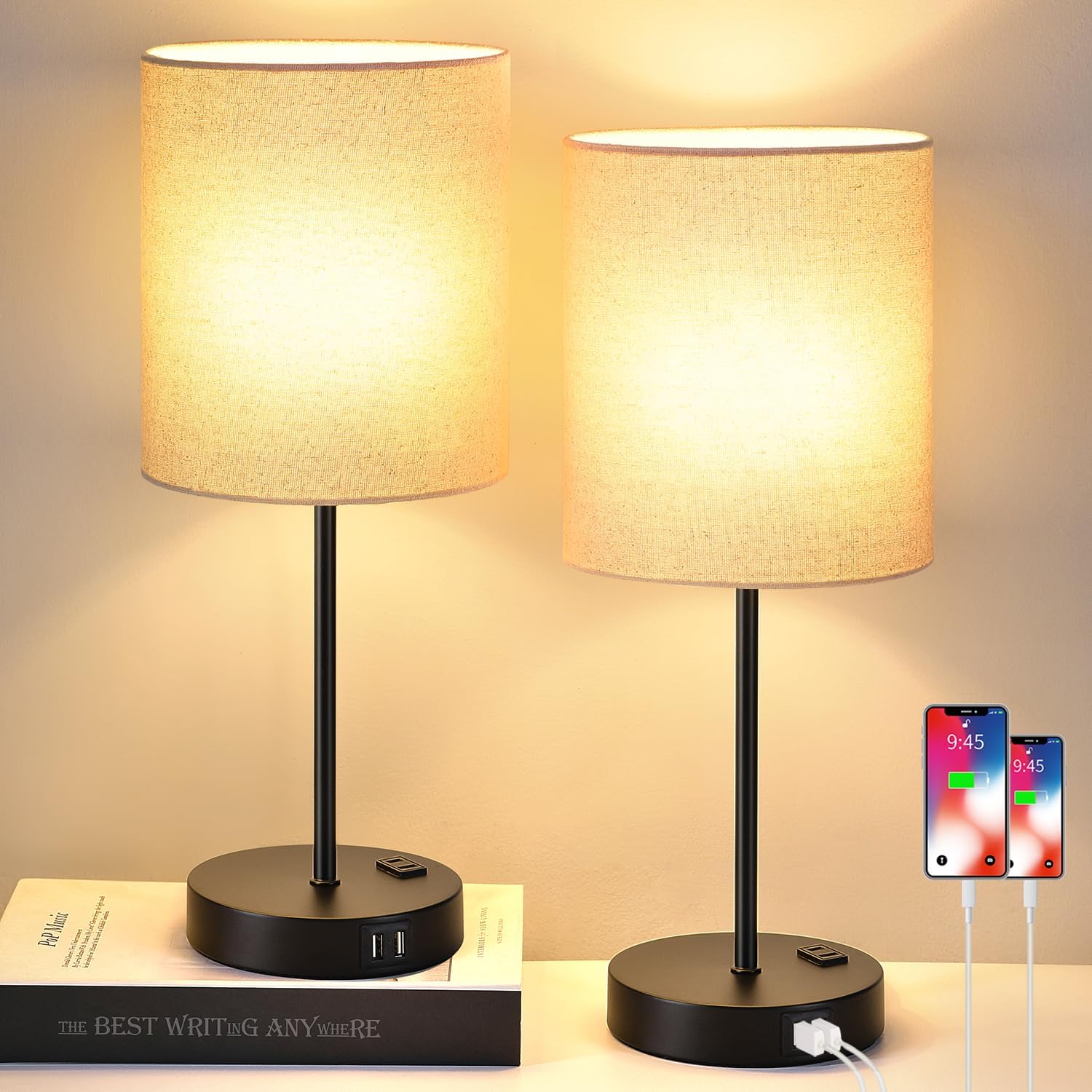 Dimmable Beige Smart Bulb — Set of 2 — (2 Pack)Beige Linen & Matte Black(Base)-2700K Bulbs Included