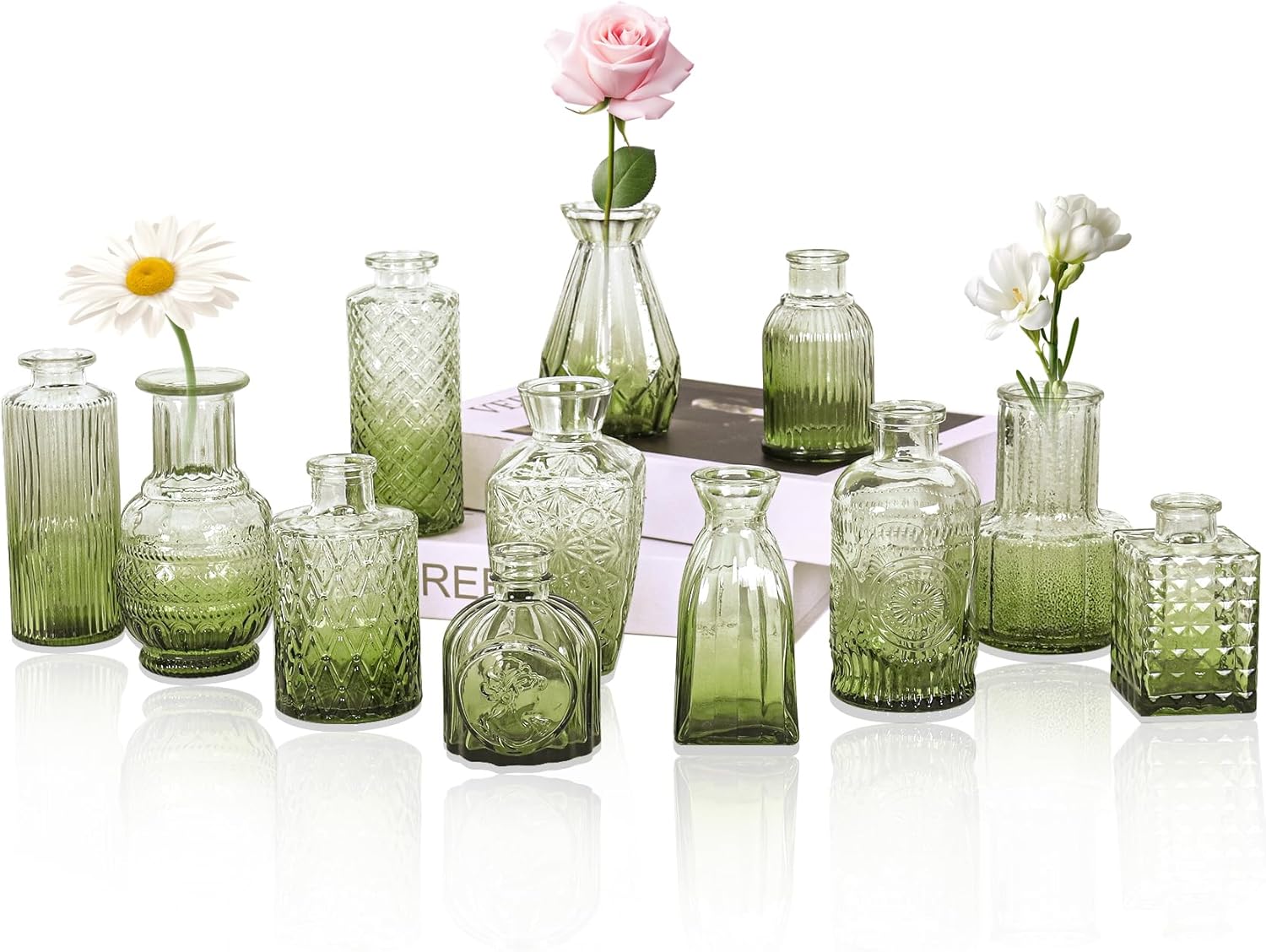 Vintage Farmhouse Blue Flower Vase — Set of 4 — Ombre Green