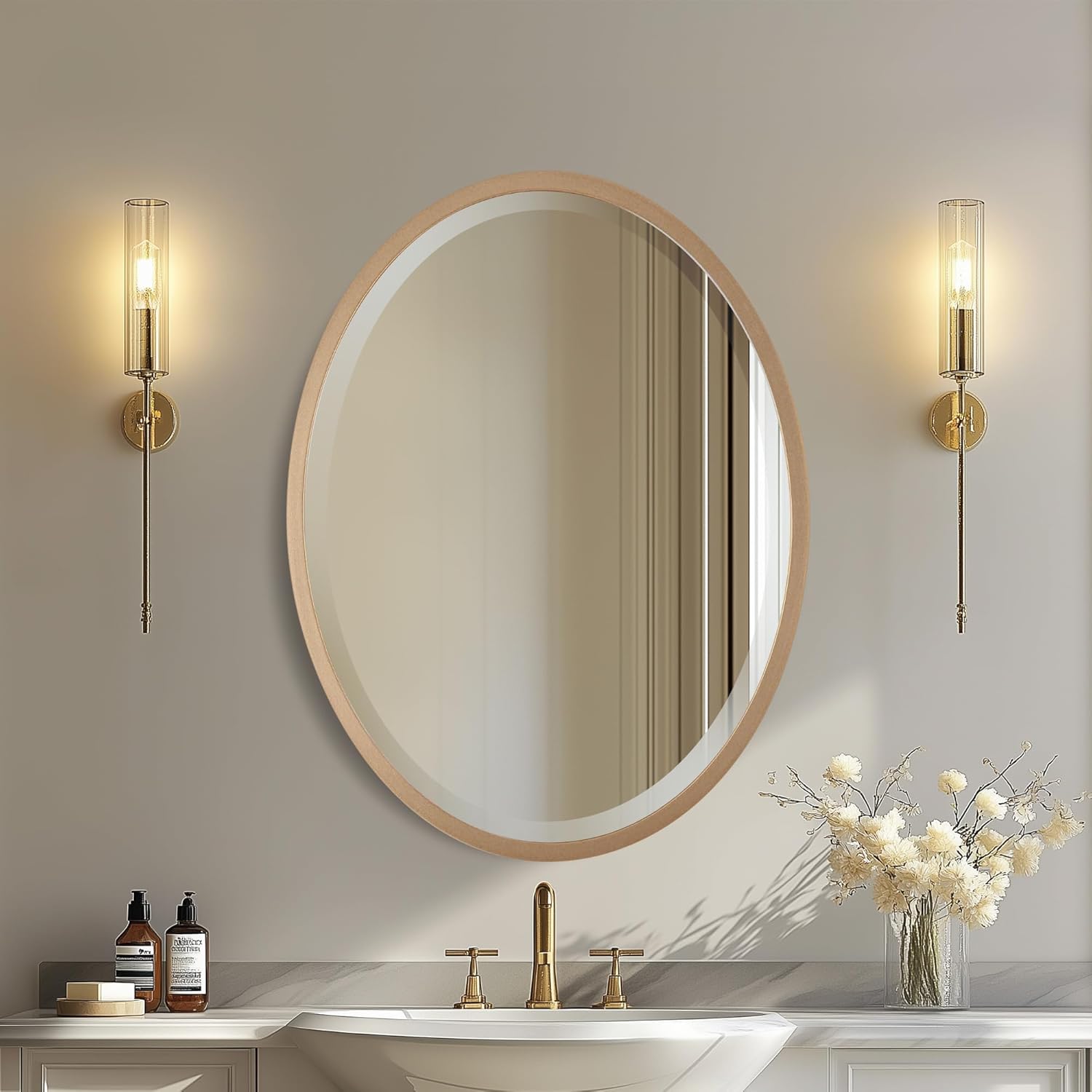 Beveled Luxe Beige Wall Mirror — 31" — Gold Spray
