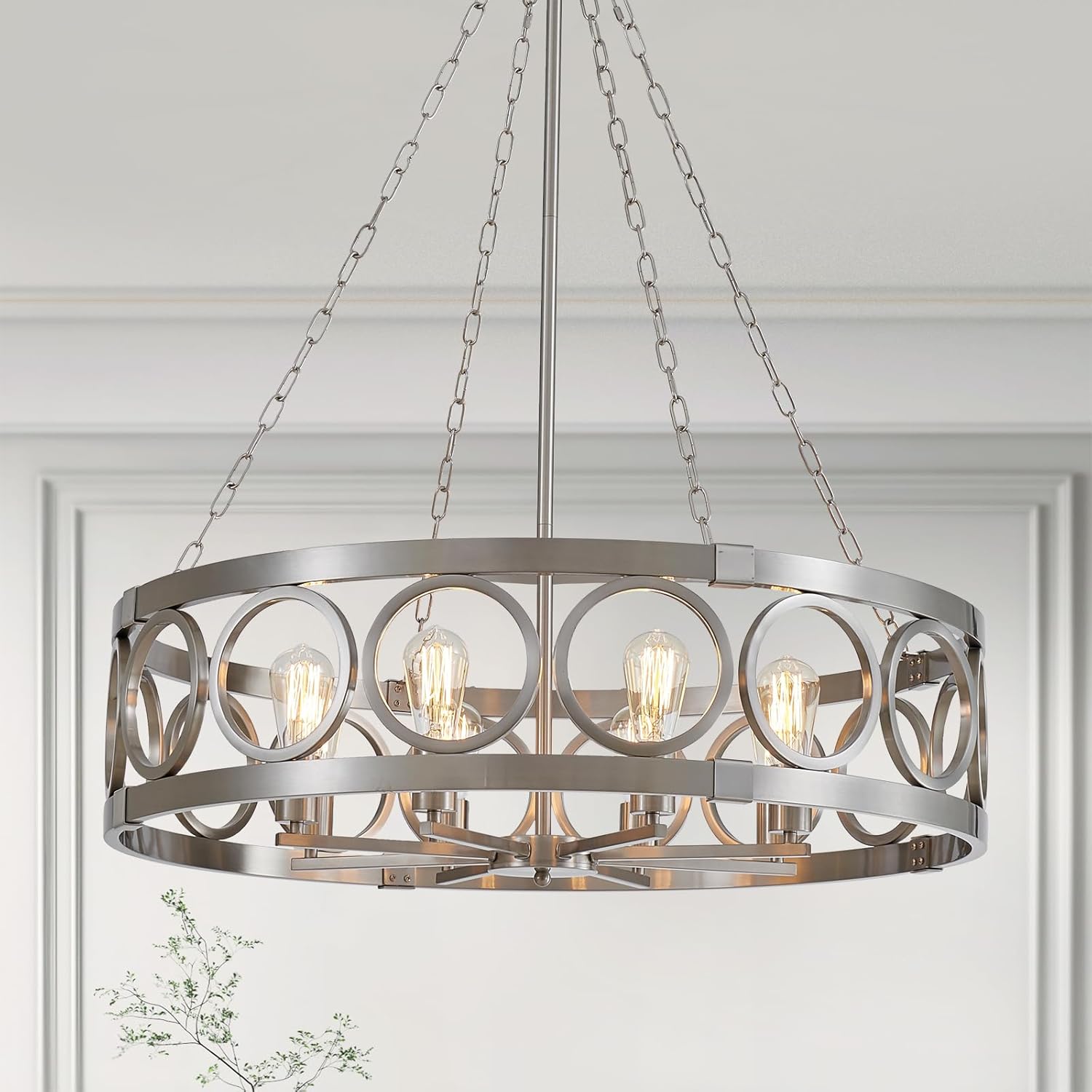 Adjustable Farmhouse Black Chandelier — 3-Light — Brushed Nickel-8 Light