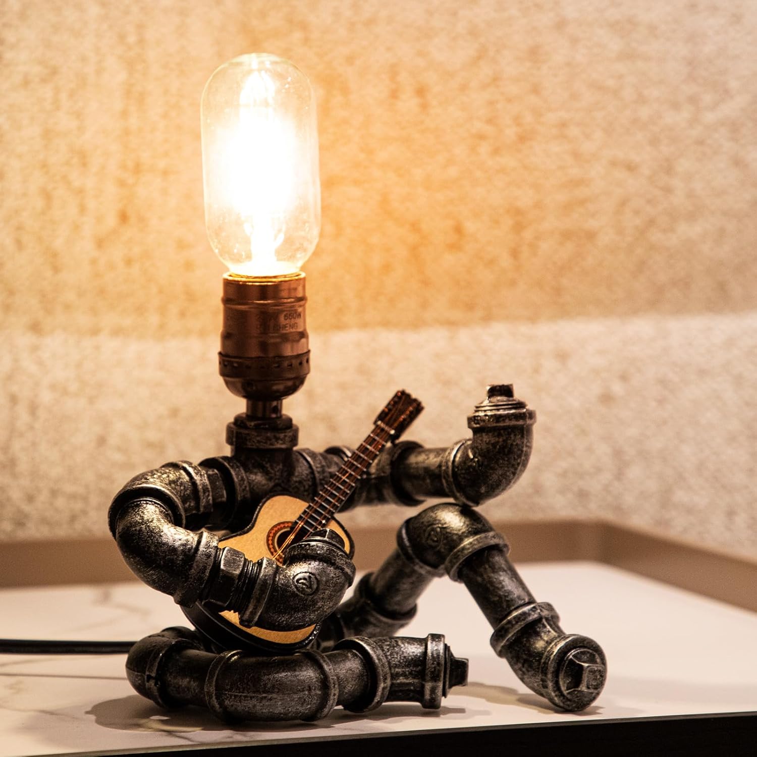 Vintage Black Table Lamp — Silver Black Lamp Body + Acoustic Guitar