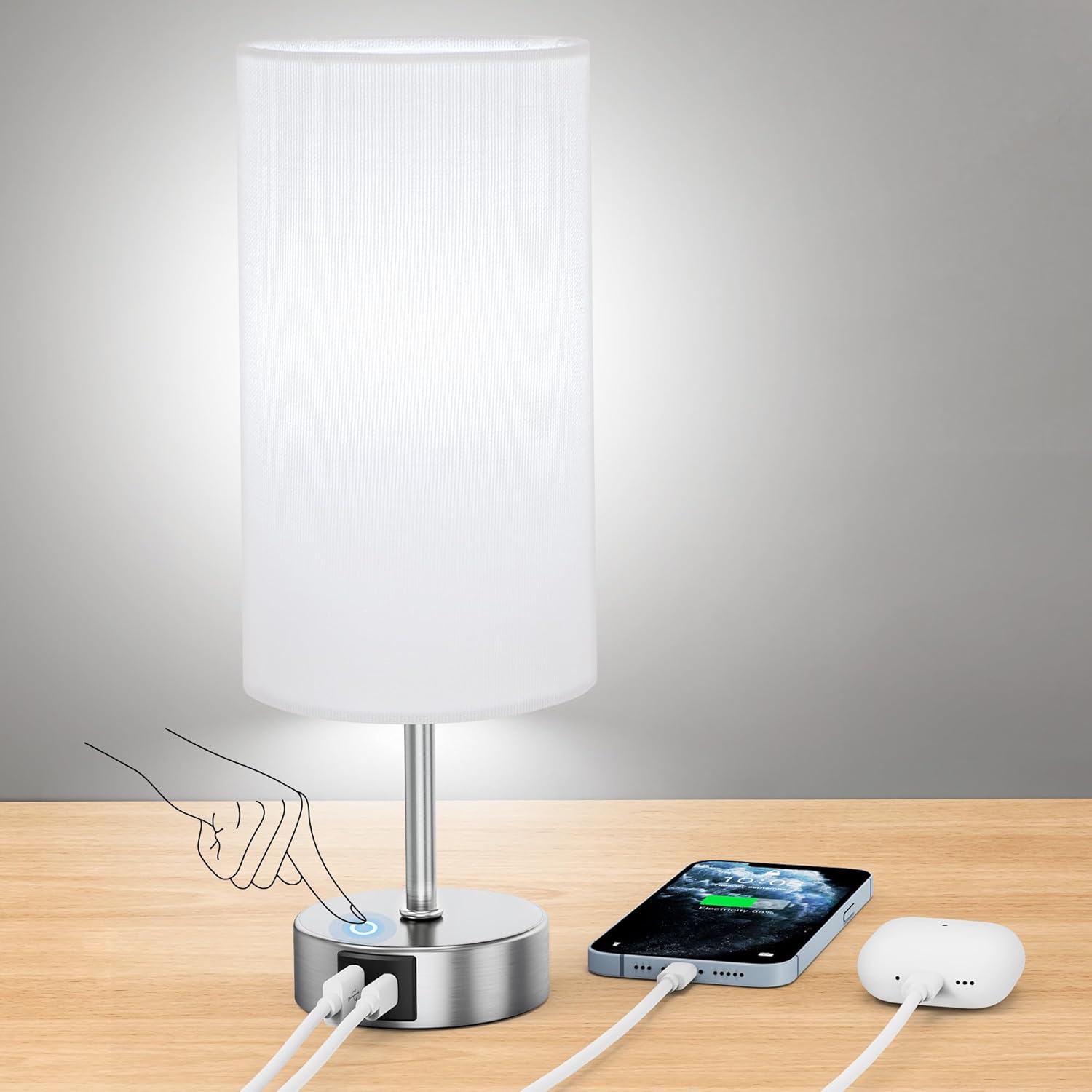 Dimmable Modern Silver Nightstand Lamp — 12.8" — White & Silver