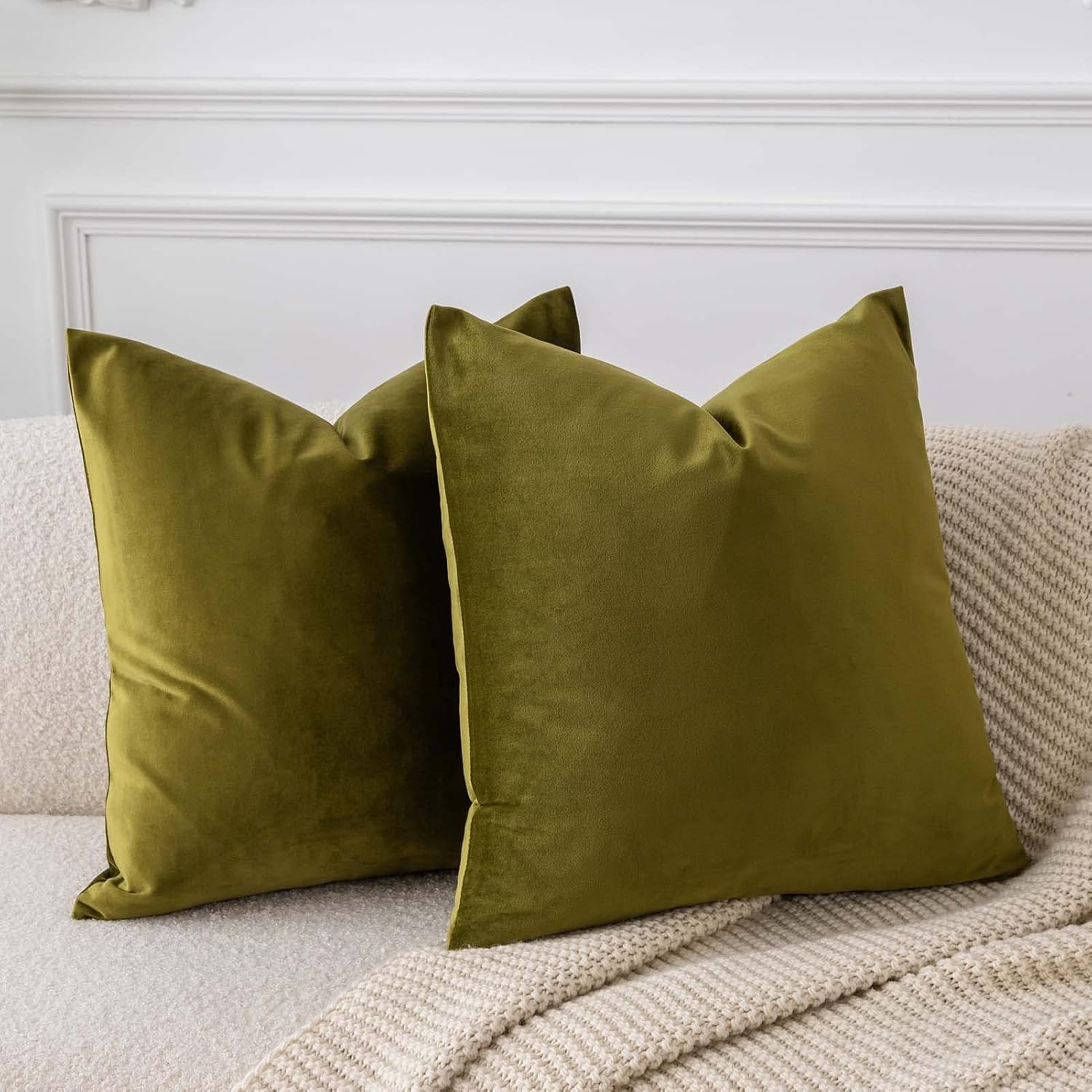 Velvet Luxe Beige Throw Pillow Cover — 14" — Olive Green