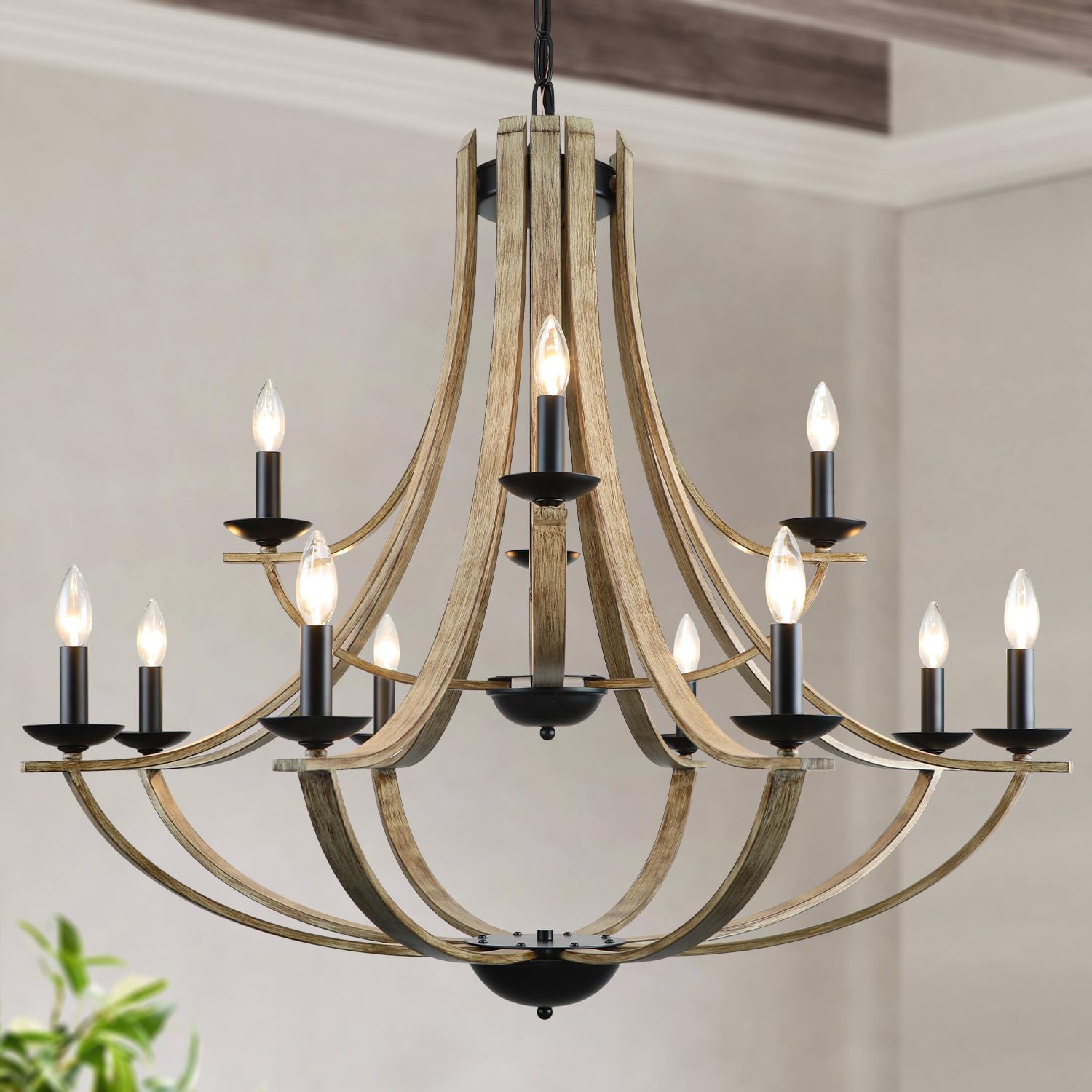 Vintage Farmhouse Black Chandelier — 4-Light — Black+Faux Wood-L8+4
