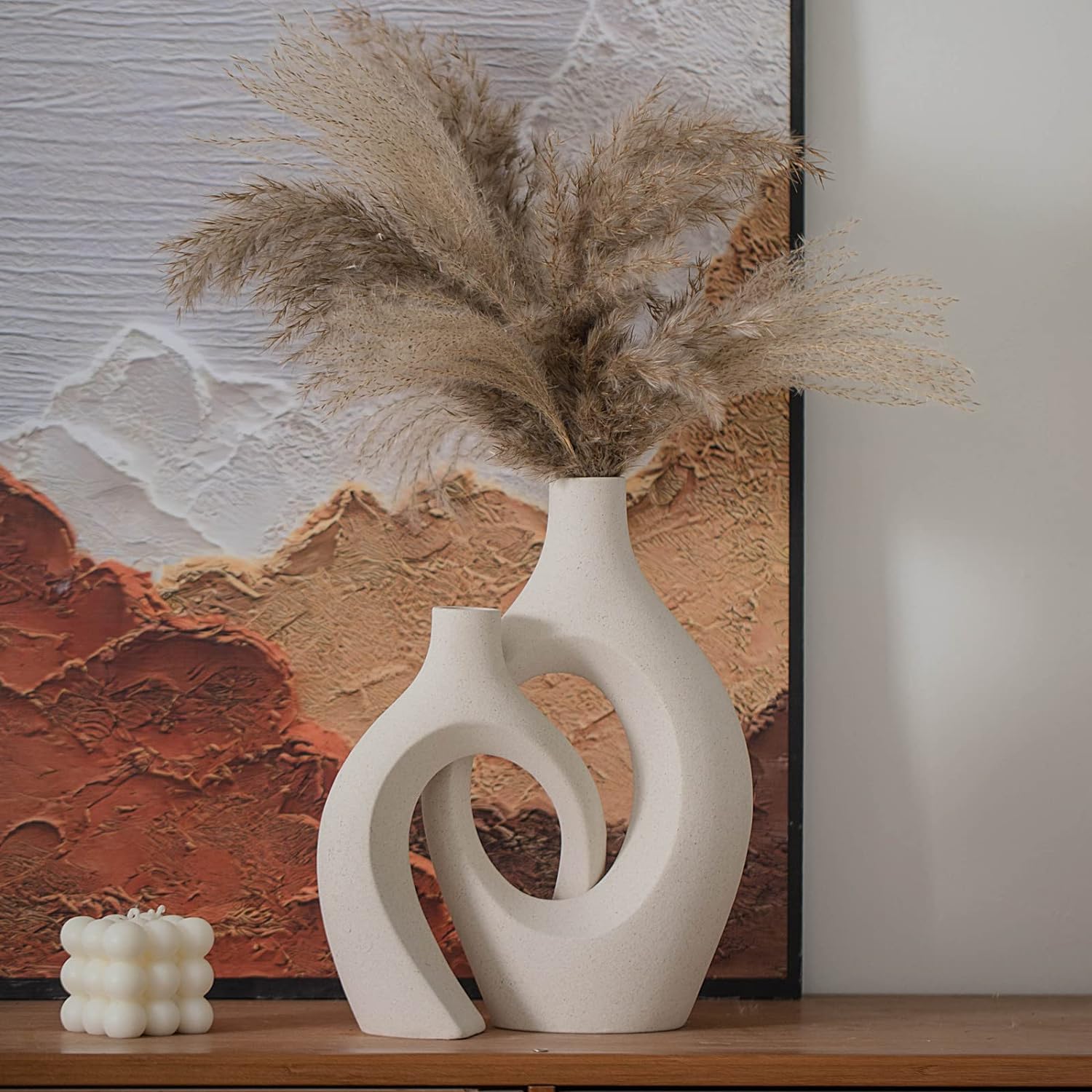 Round Boho Beige Vase Set — Set of 2 — Beige - Xl Hollow