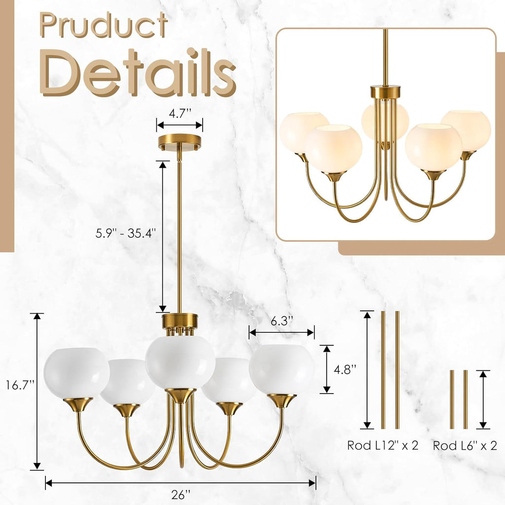 Vintage Luxe Orange Chandelier — 5-Light - View 3