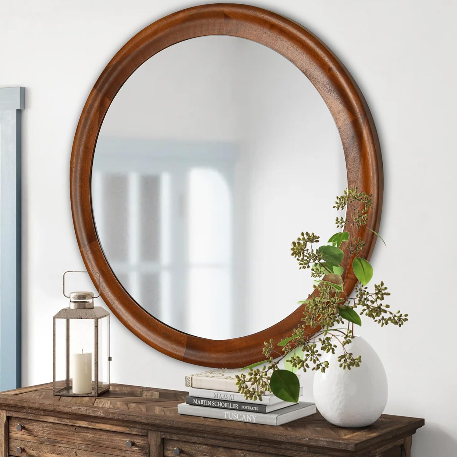 Round Farmhouse Beige Wall Mirror — 24" — 30"L x 30"W