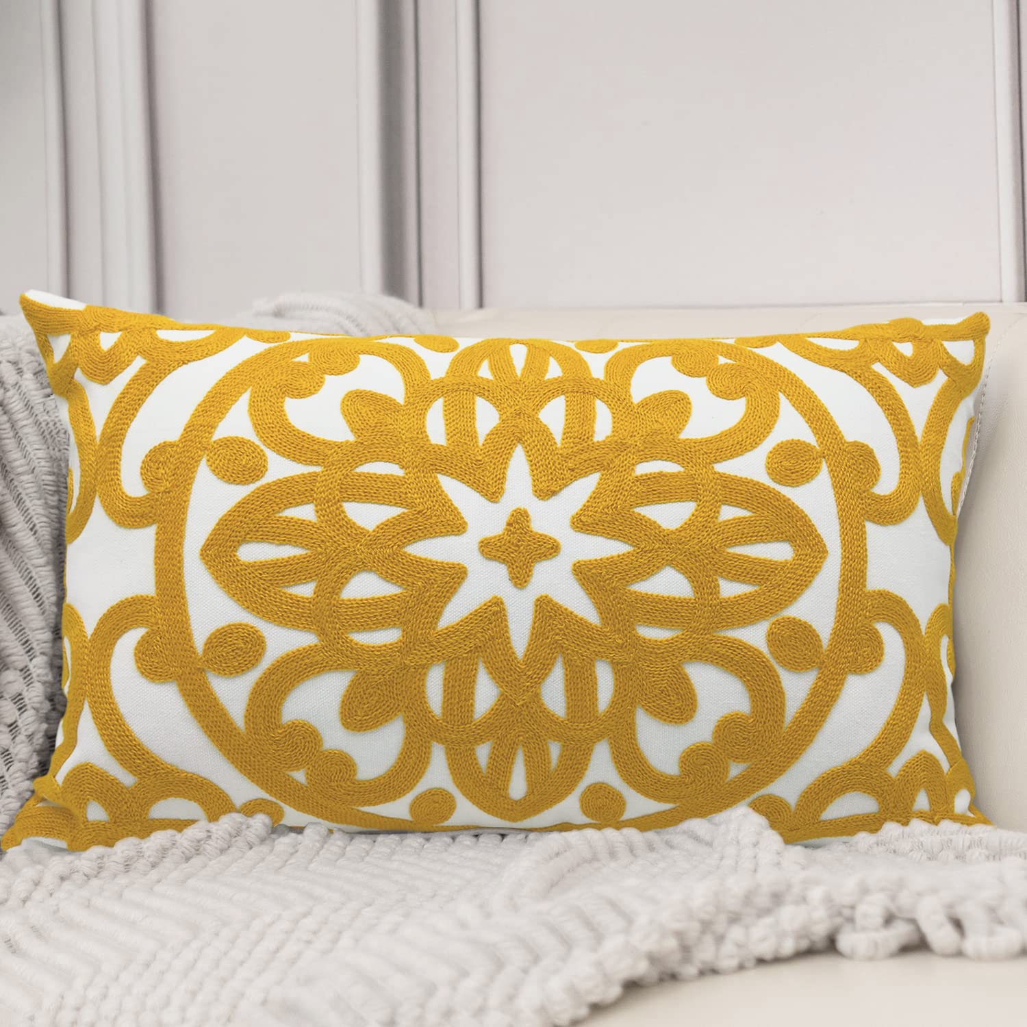 Embroidered Boho Beige Throw Pillow Cover — 12"