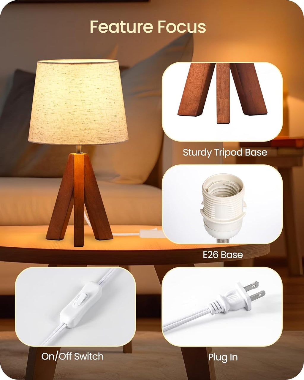 Linen Modern Beige Bedside Lamp — 6" - View 4