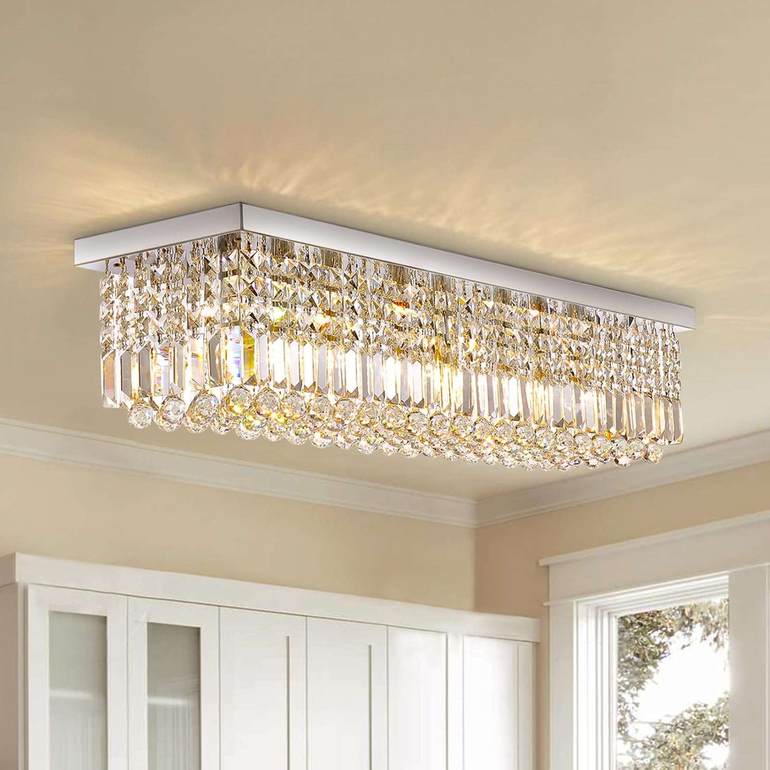 Rectangular Luxe Silver Chandelier — 6-Light — Chrome-ceiling