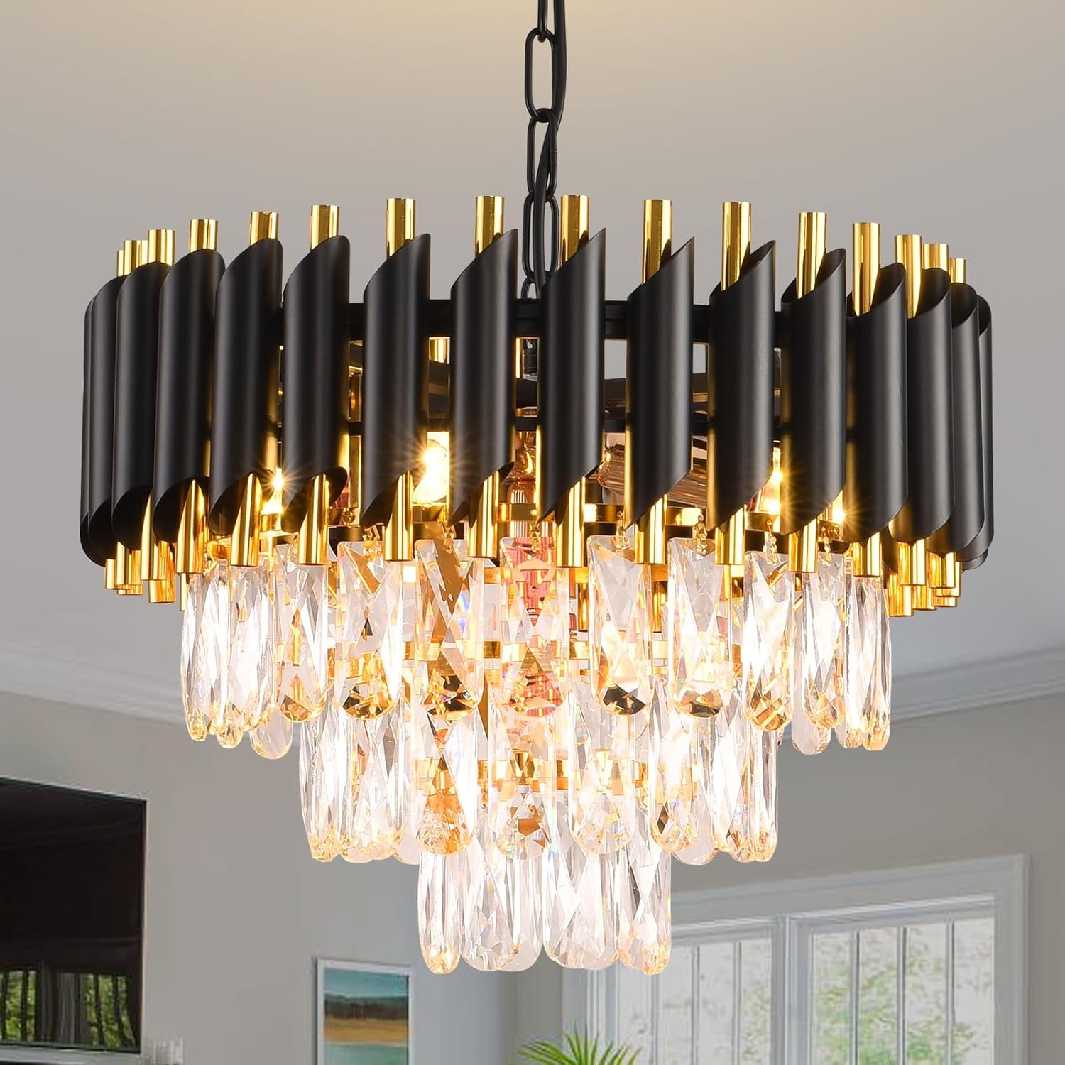 Round Luxe Black Chandelier — 5-Light — Black and Gold