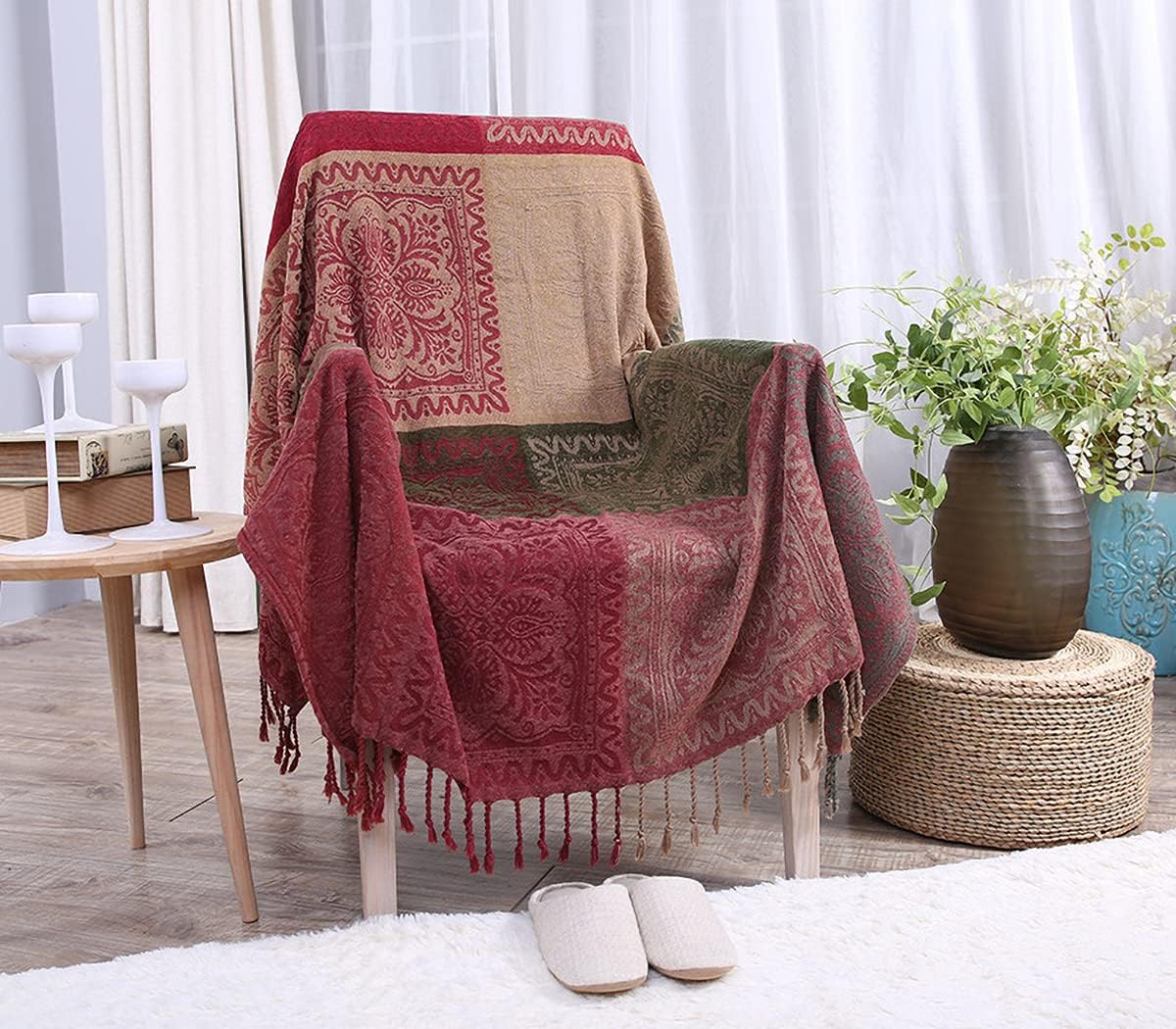 Chenille Boho Beige Throw Pillow — 60" — Red Green Beige