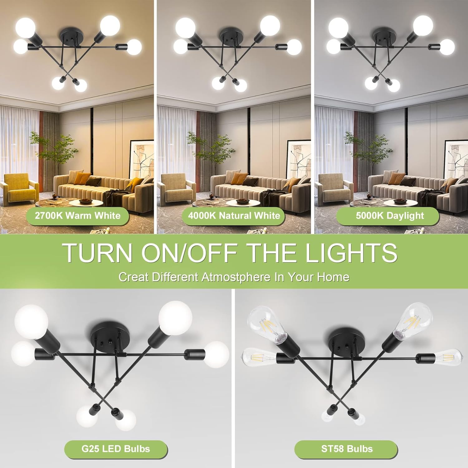 Mid-Century Black Chandelier — 6-Light - View 4