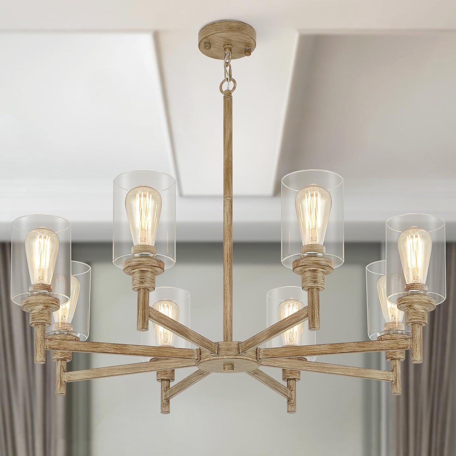 Farmhouse Black Chandelier — 34" — Faux Wood Texture