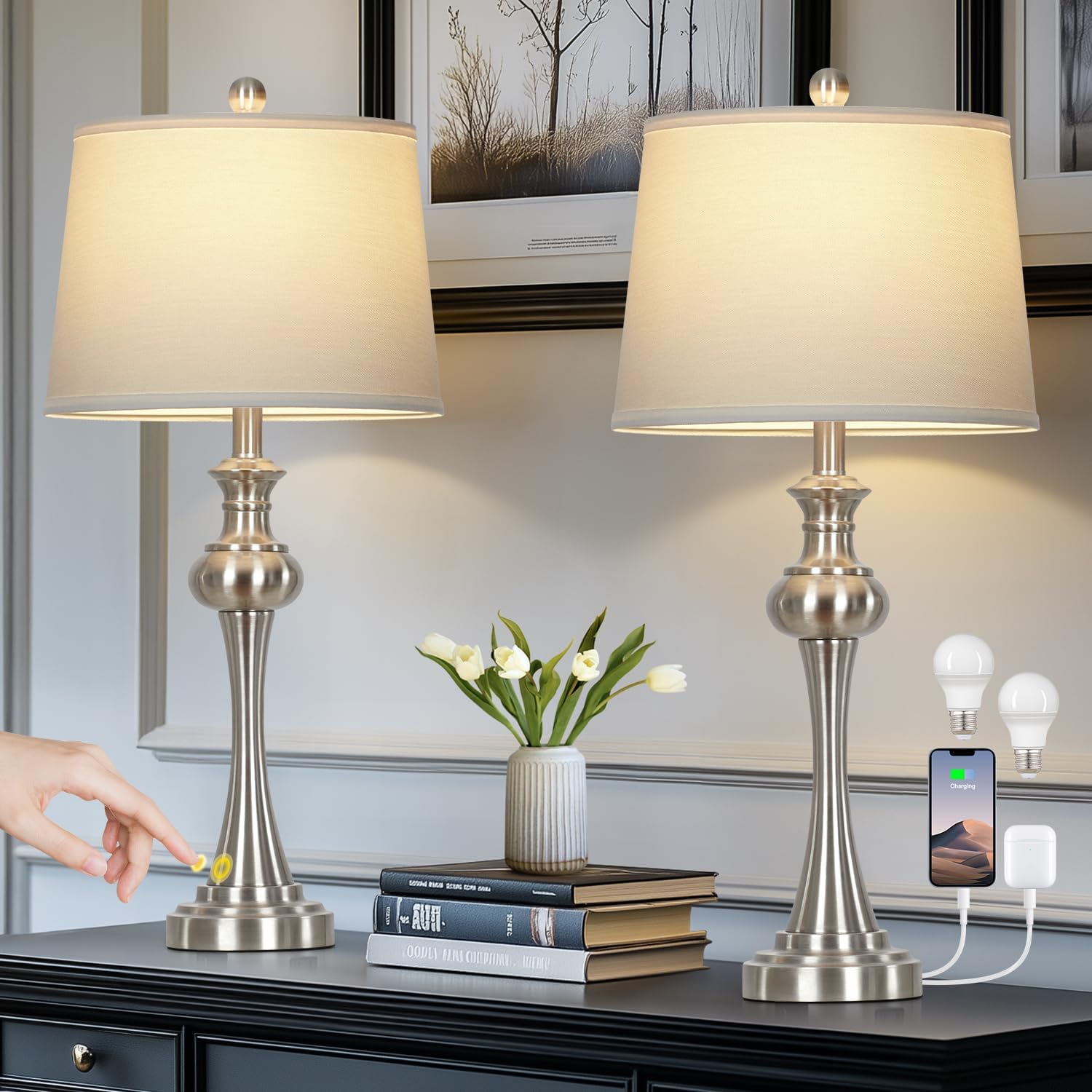 Dimmable Modern Black Bedside Lamp — 28.75" — Silver table lamp