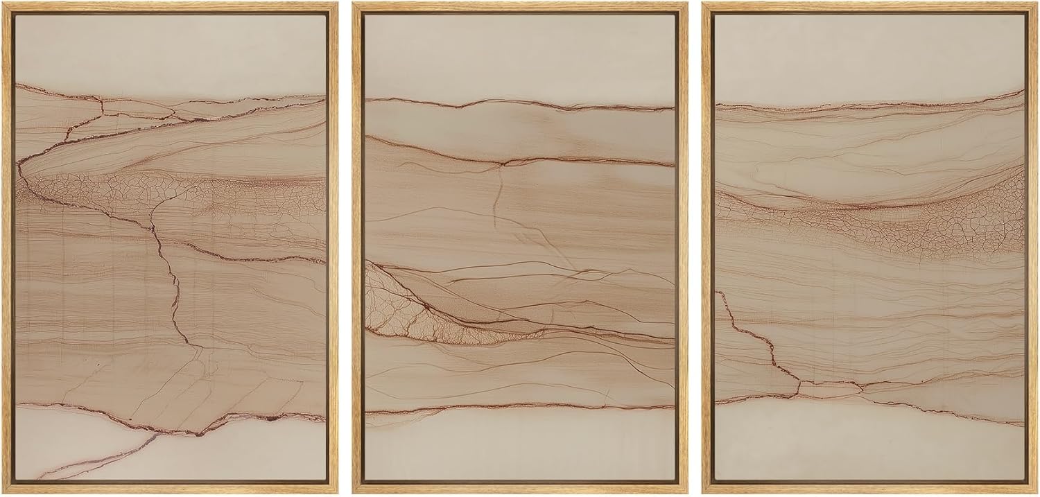 Framed Modern Fabric Wall Art — 16" — 24"x36"x3 Panels Natural