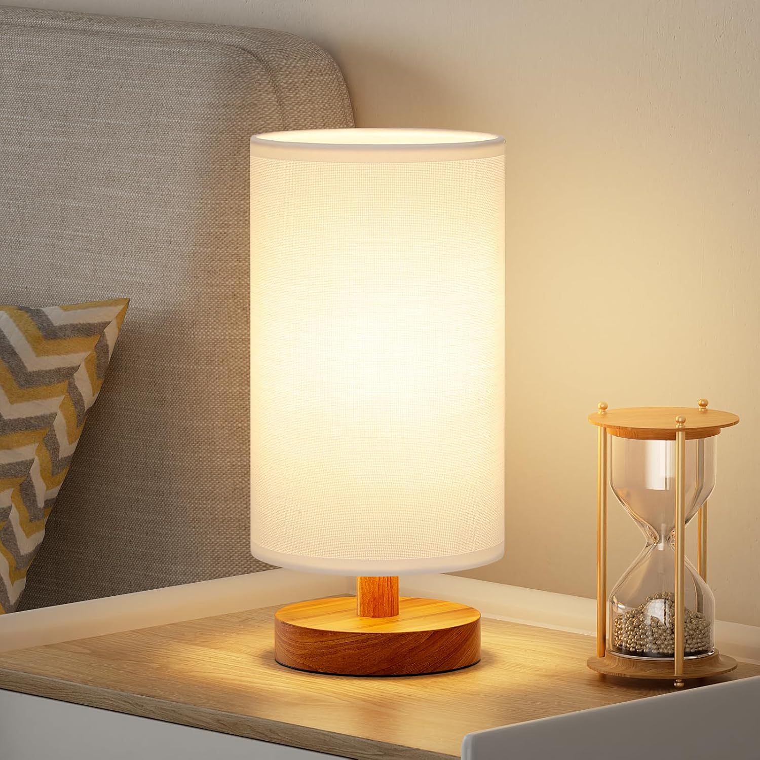 Beige Bedside Lamp — 9" — White Shade - Walnut Base
