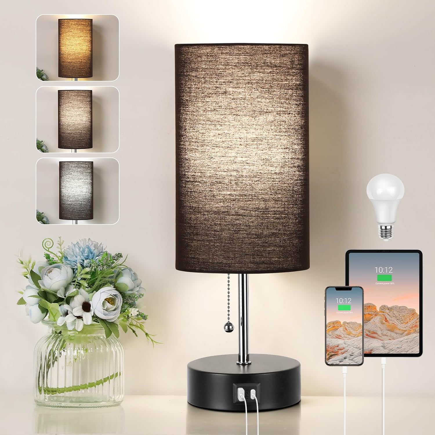 USB Beige Bedside Lamp — Black