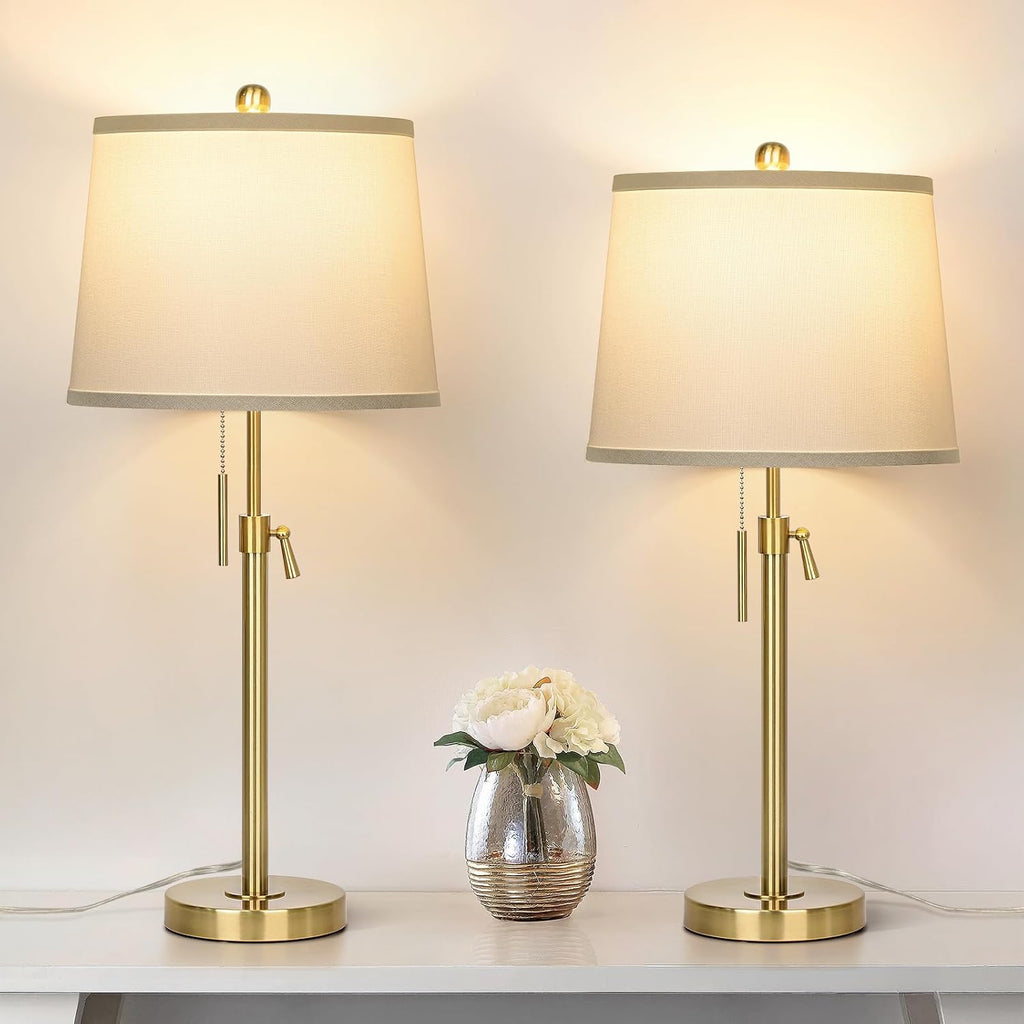 Dimmable Modern Beige Nightstand Lamp — Set of 2 — Gold+White Shade Set of 2