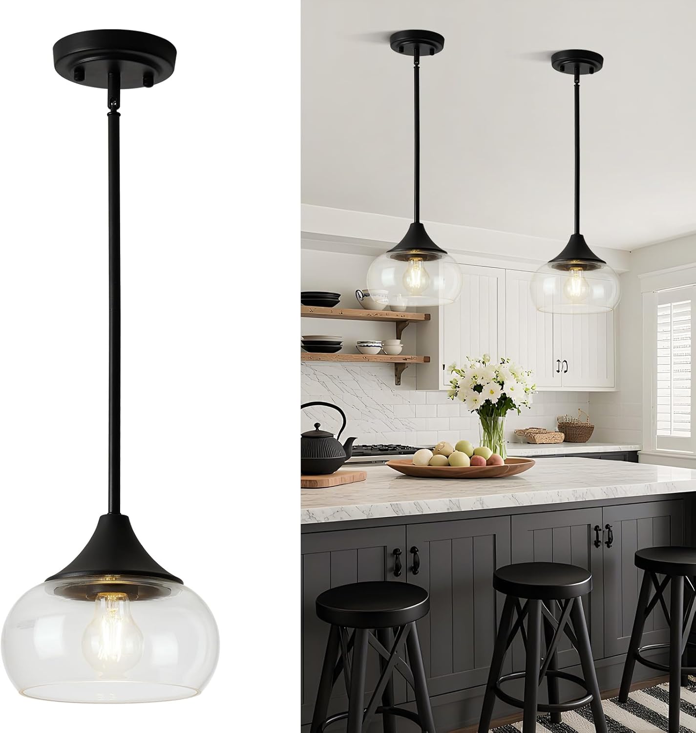Modern Black Pendant Light — 8.5" — 2 Pack-Matte Black + Clear Glass