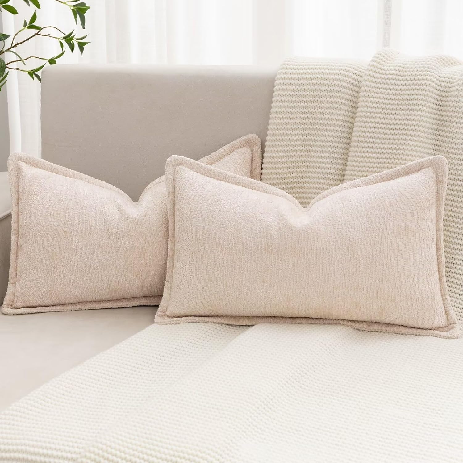 Chenille Boho Beige Throw Pillow Cover — 20" — Beige